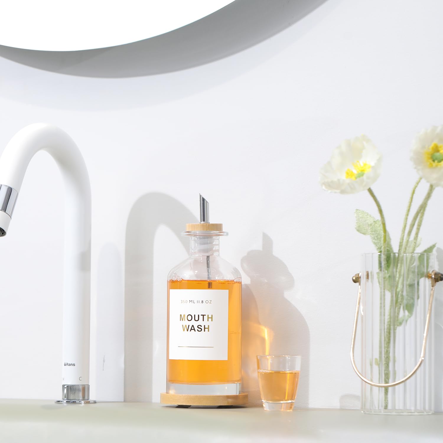 Glass Mouthwash Dispenser for Bathroom with Stainless Steel & Bamboo Nozzle,