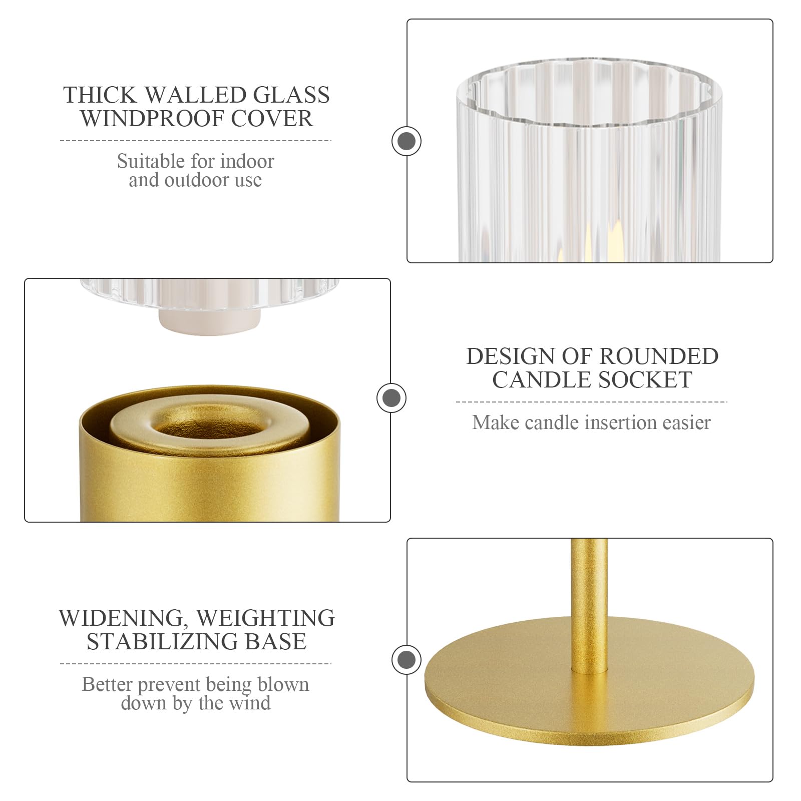Fluted design Glass Candle Holders Set of 3, Premium Tall Gold Candle Stick Holder