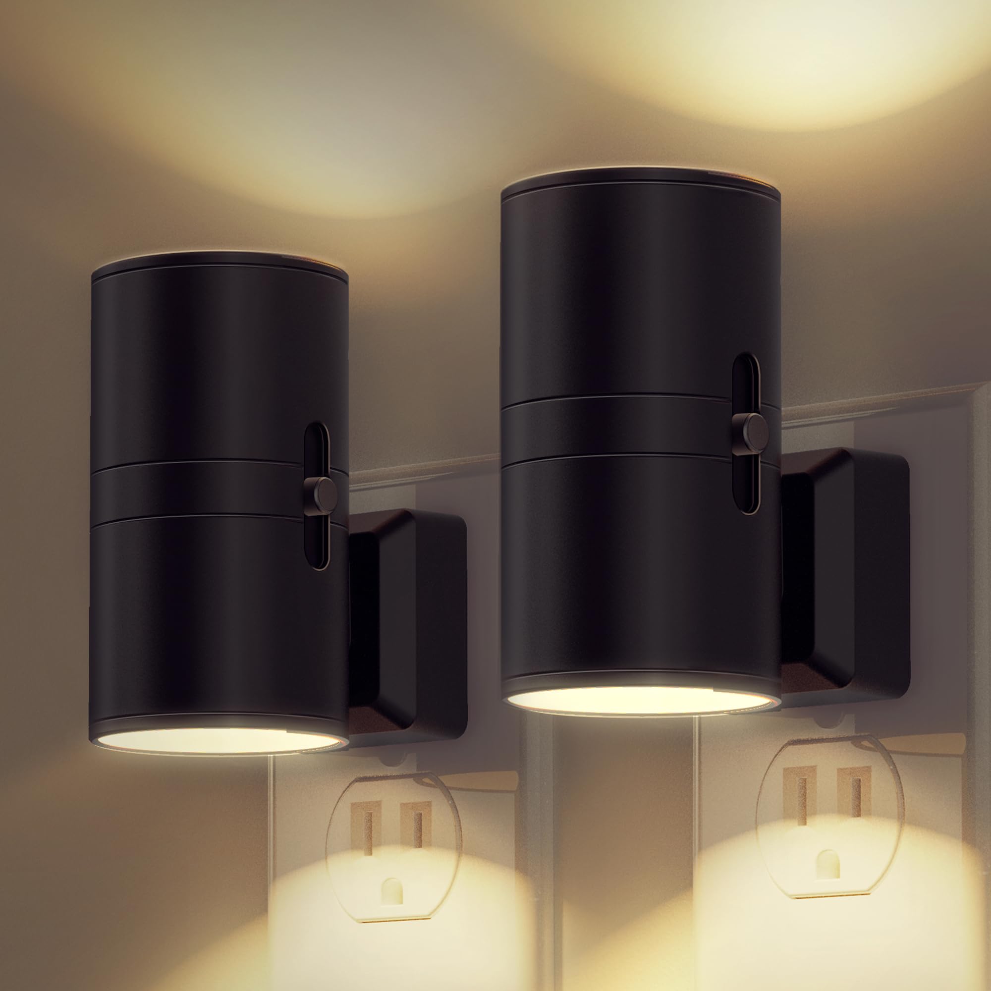 Modern Night Lights Plug into Wall, Dusk to Dawn Sensor, Soft White 3000K, 0-100LM Adjustable Brightness, Dimmable Night Lights for Hallway Bedroom Stairway, 2 Pack