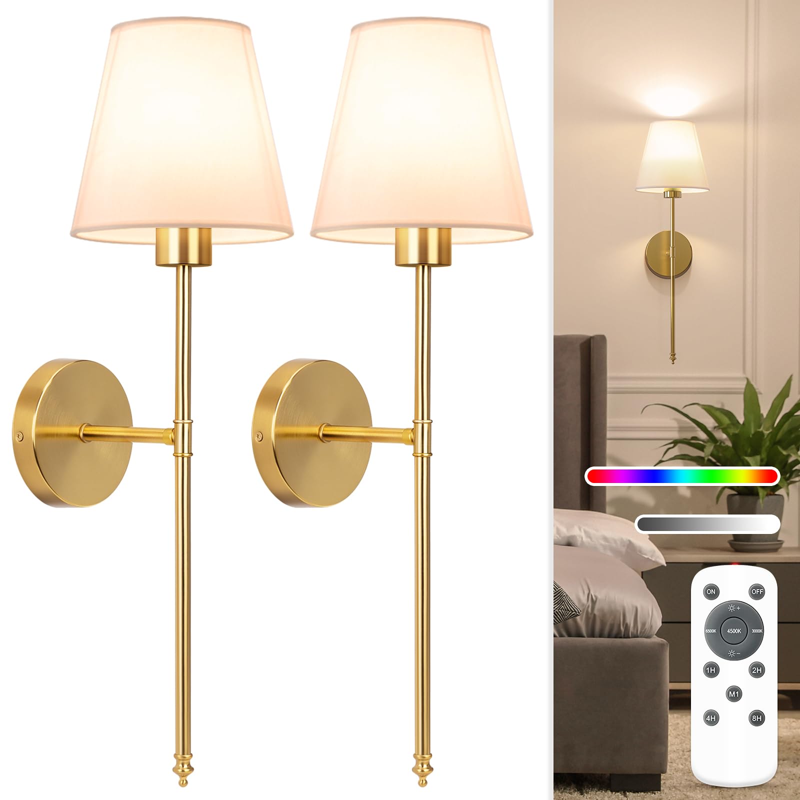 2,Gold Rechargeable Wall Lights with 5200mAh Dimmable Bulbs and Remote,10 Colors