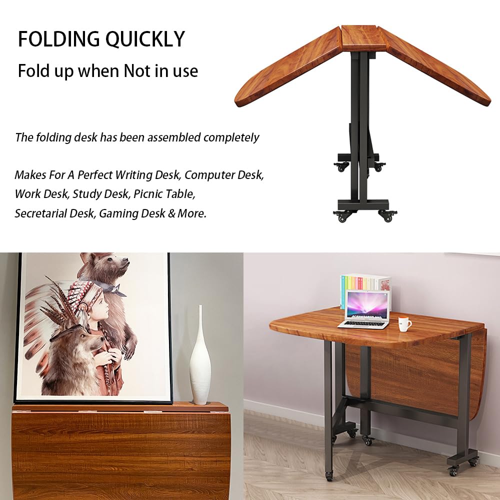 47" Wooden Foldable Kitchen Table with 6 Wheels