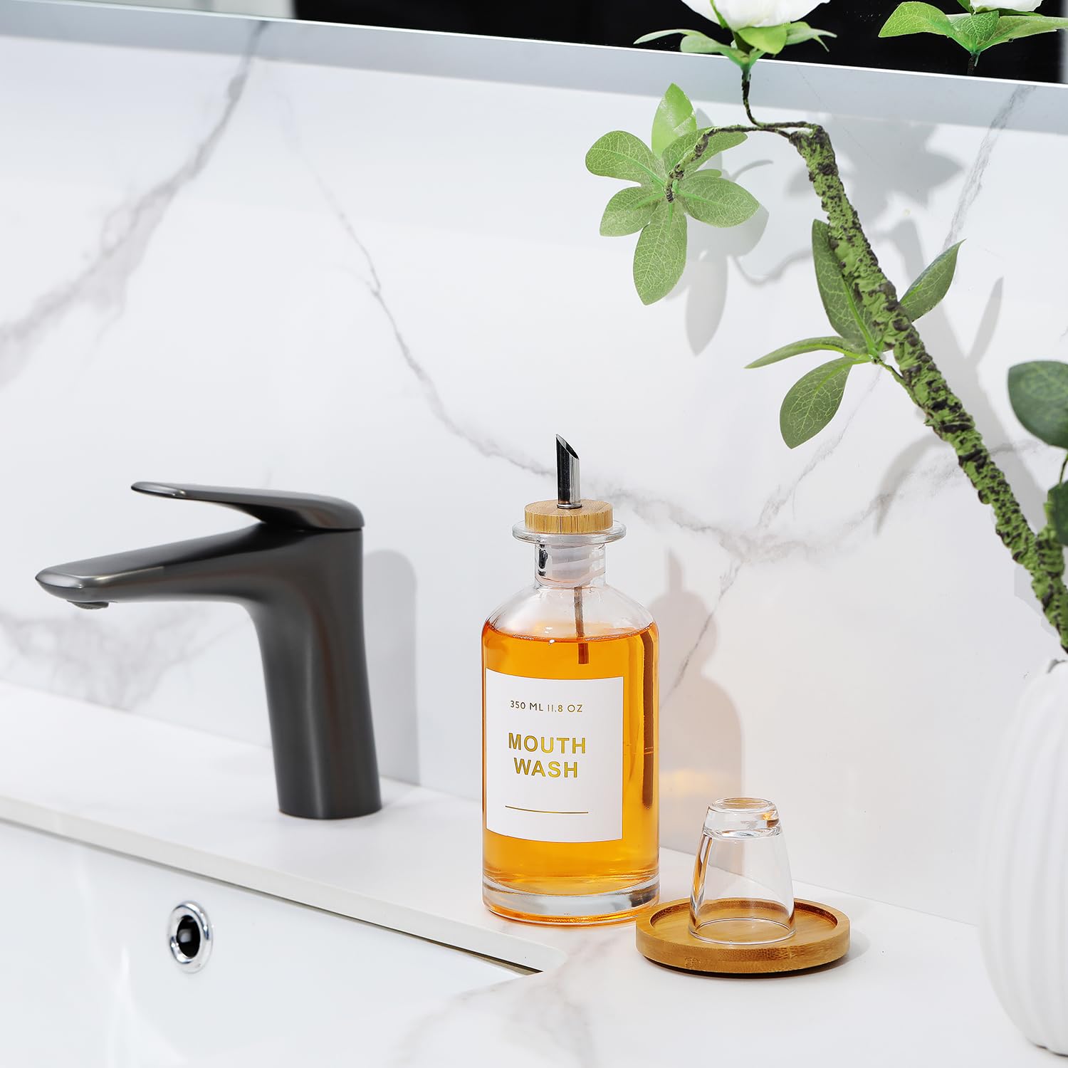 Glass Mouthwash Dispenser for Bathroom with Stainless Steel & Bamboo Nozzle,