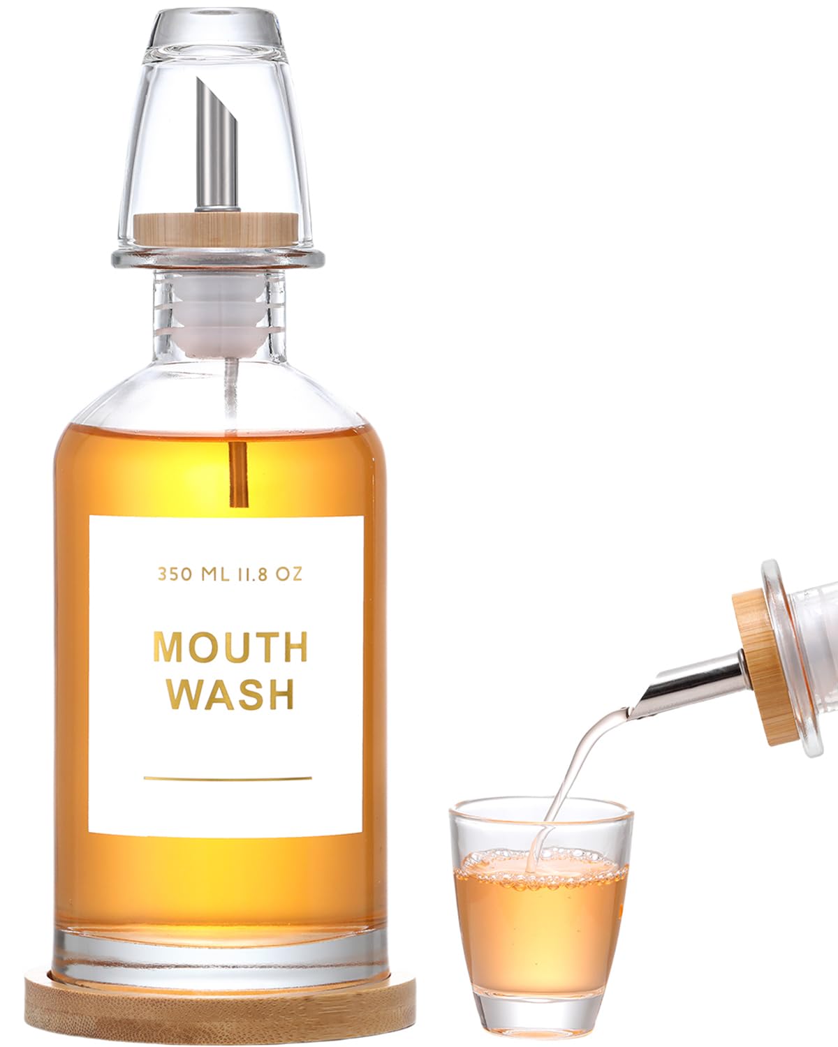 Glass Mouthwash Dispenser for Bathroom with Stainless Steel & Bamboo Nozzle,