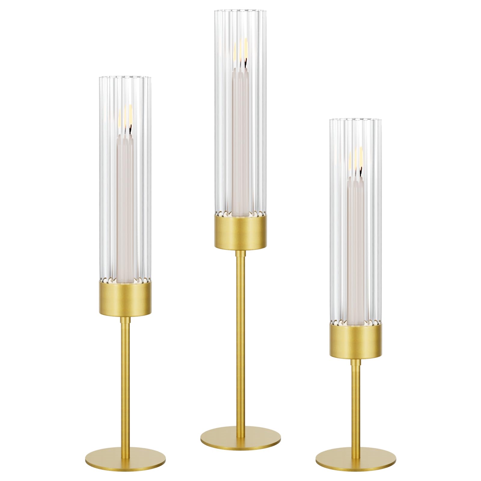 Fluted design Glass Candle Holders Set of 3, Premium Tall Gold Candle Stick Holder