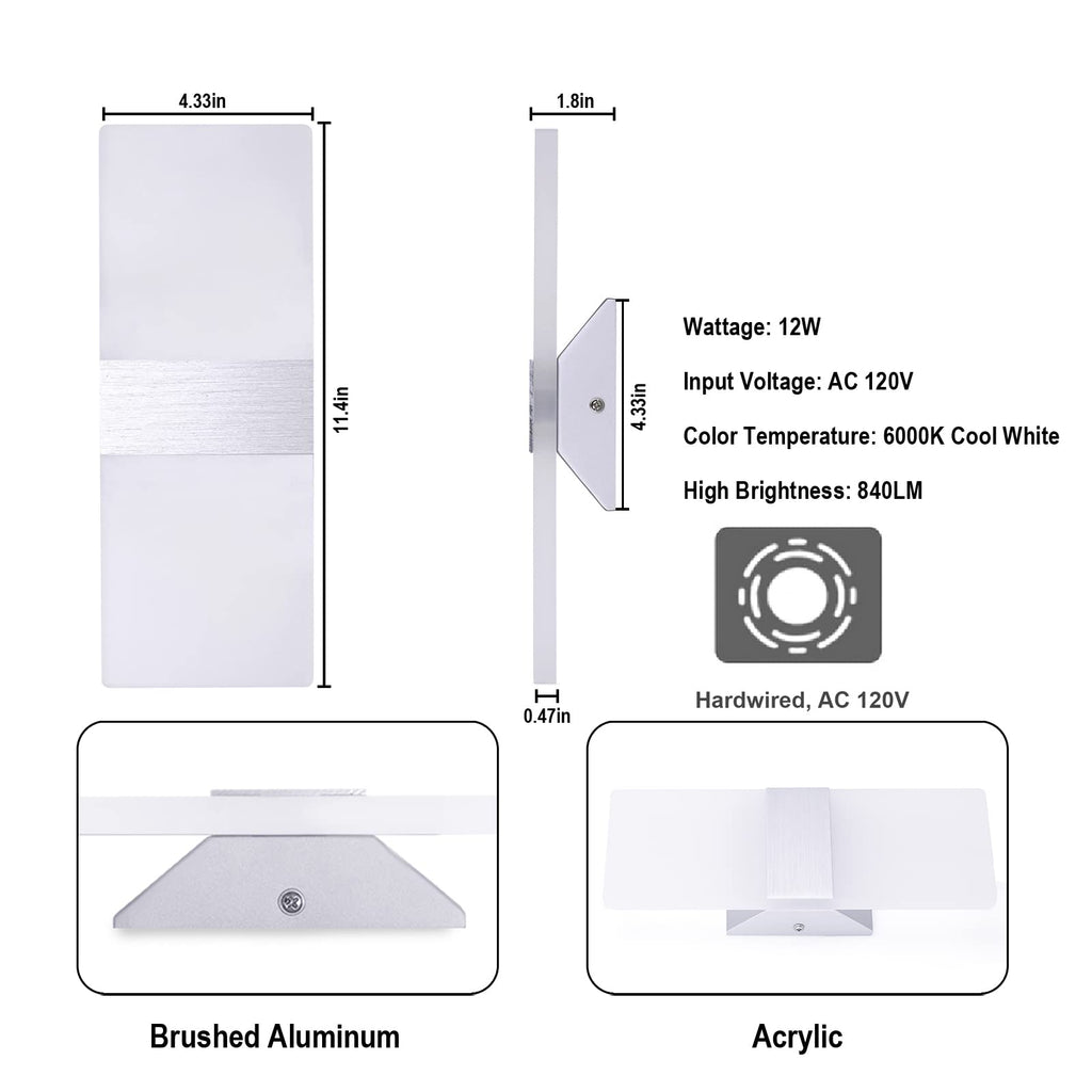 Dimmable Wall Sconces Set of 2 Wall Mounted Lights 12W 6000K Cool