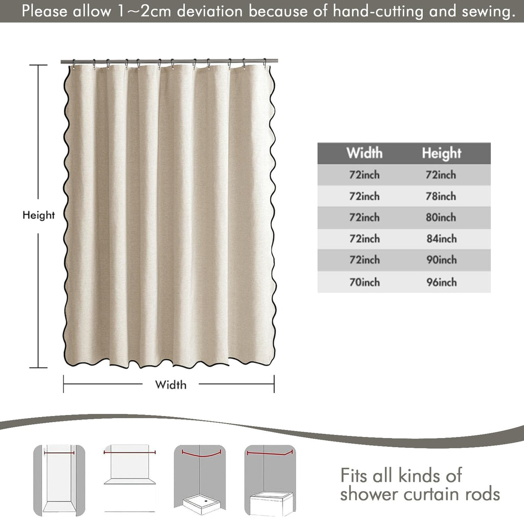 Scalloped Shower Curtain Linen Textured with 12 Metal Hooks