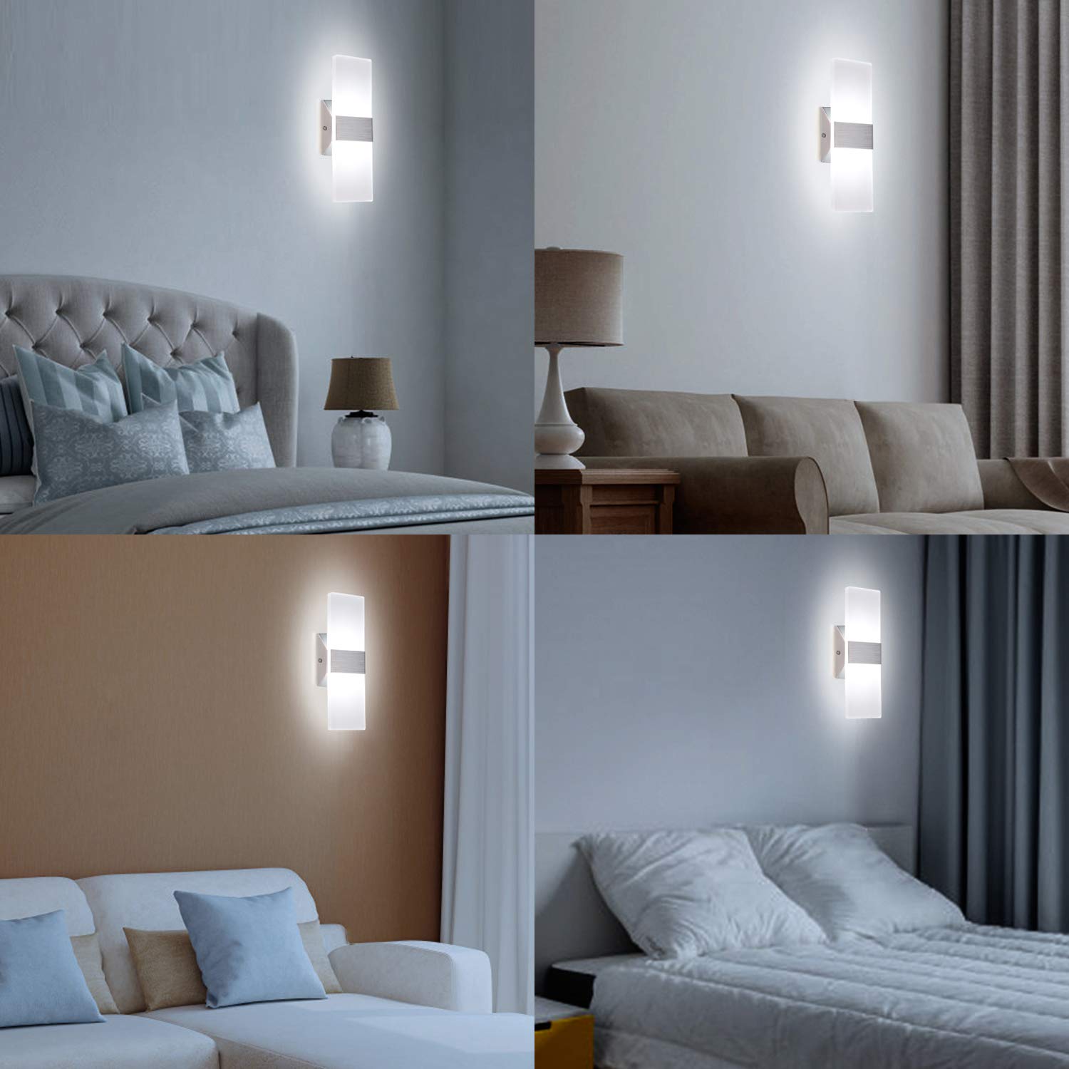 Dimmable Wall Sconces Set of 2 Wall Mounted Lights 12W 6000K Cool