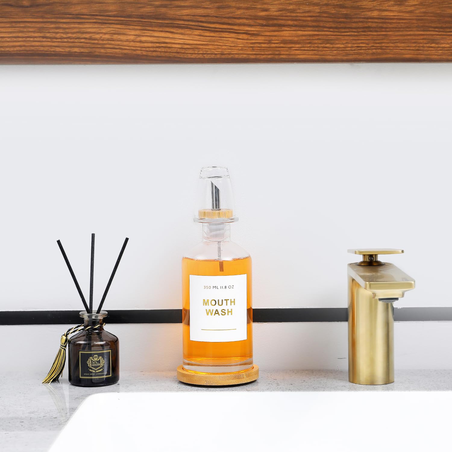 Glass Mouthwash Dispenser for Bathroom with Stainless Steel & Bamboo Nozzle,