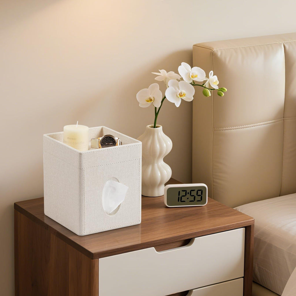 PU Leather Square Tissue Box Holder with Storage Tray for Bathroom