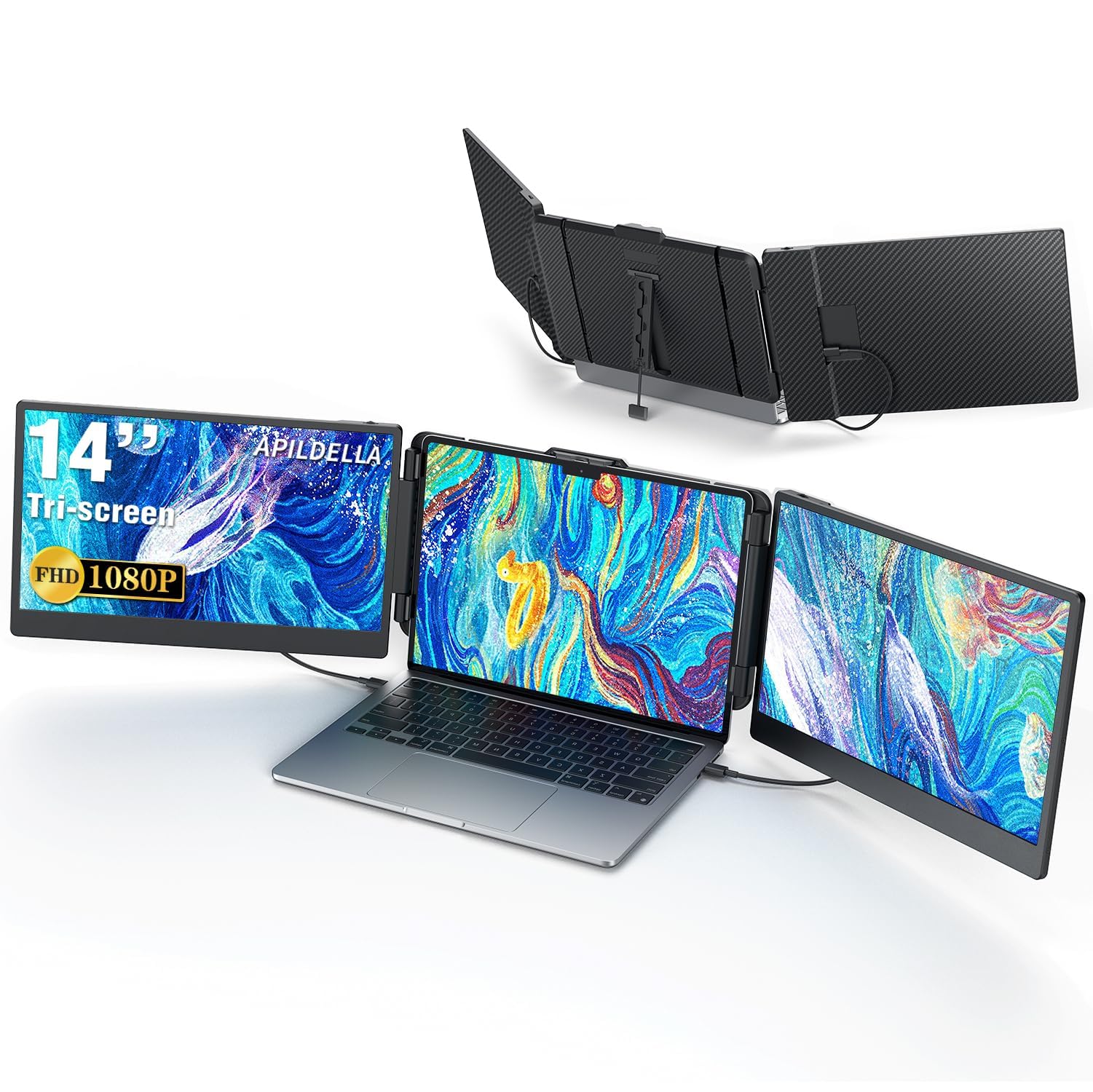 14’’ Triple Laptop Screen Extender, 1080P FHD Portable Dual Monitor for Laptop USB C HDMI