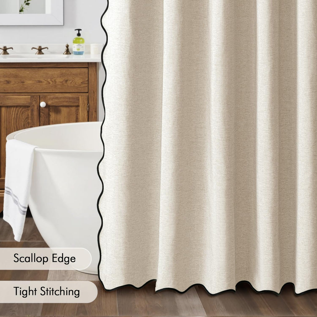 Scalloped Shower Curtain Linen Textured with 12 Metal Hooks
