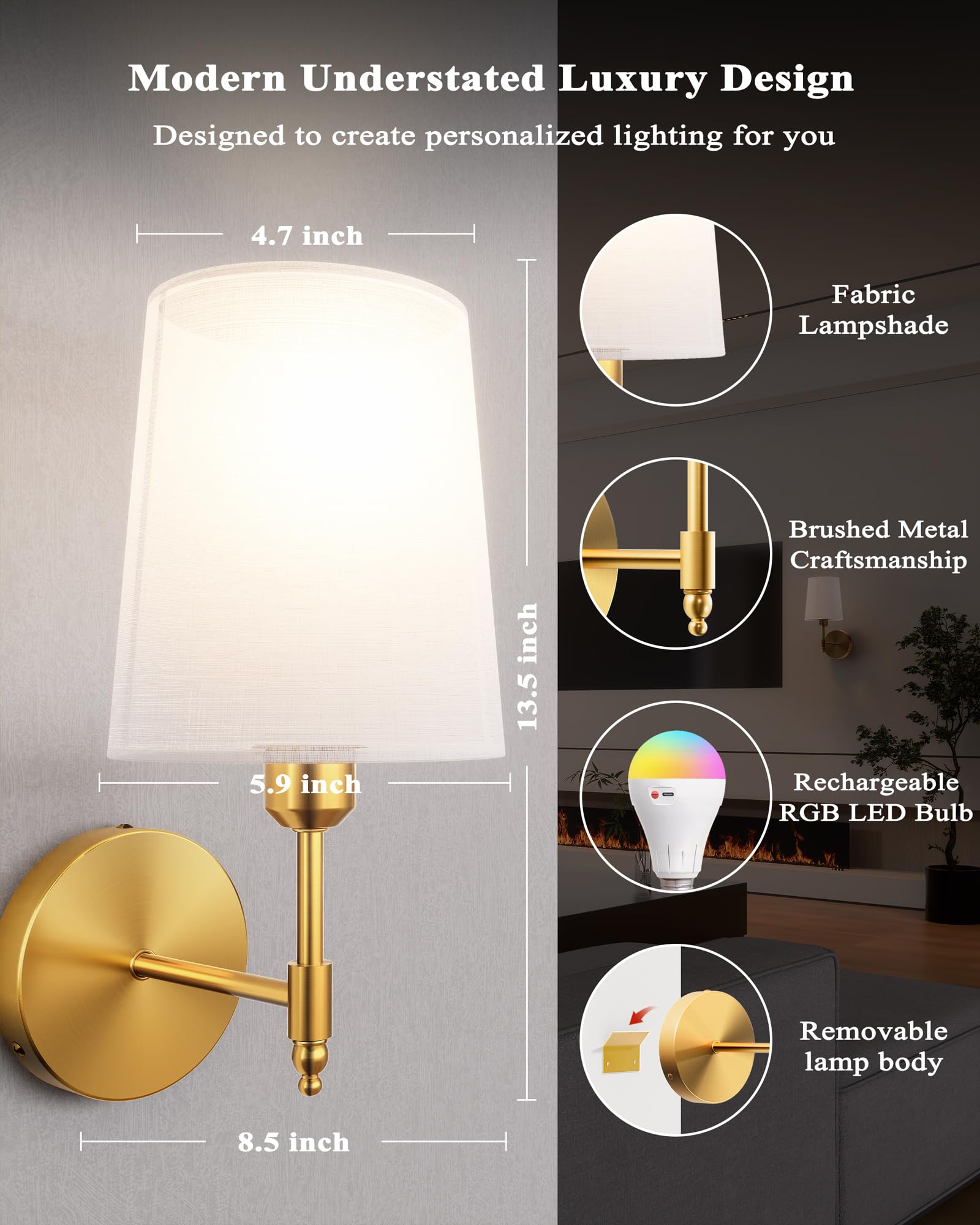 Battery Operated Wall Sconces Set of 2, Wireless Rechargeable Dimmable Wall Light with 5600mAh RGB Bulb and Remote for Bedroom, Living Room, Hallway (Gold)