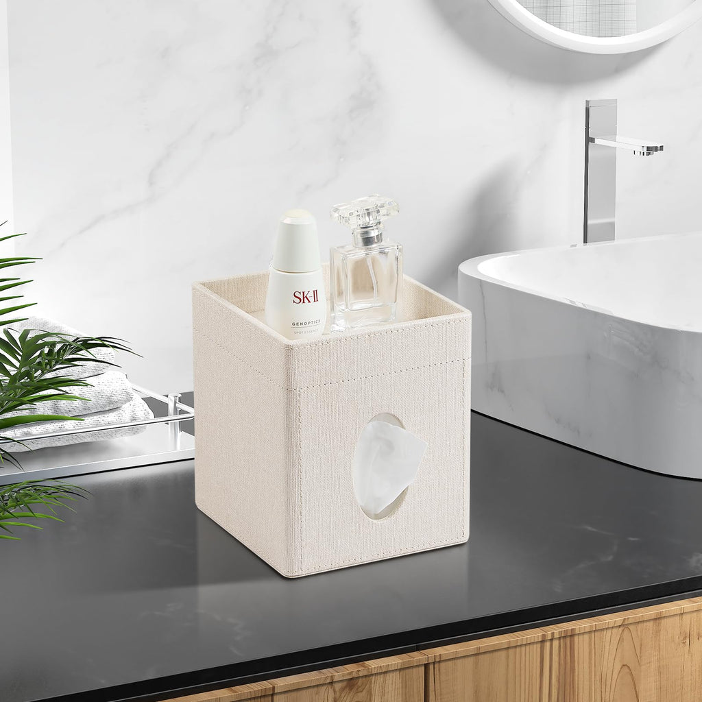 PU Leather Square Tissue Box Holder with Storage Tray for Bathroom