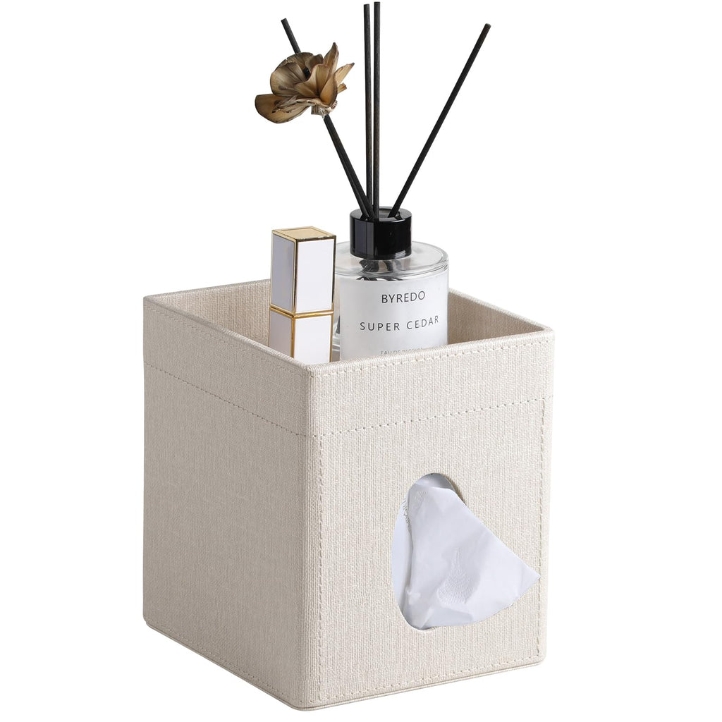 PU Leather Square Tissue Box Holder with Storage Tray for Bathroom
