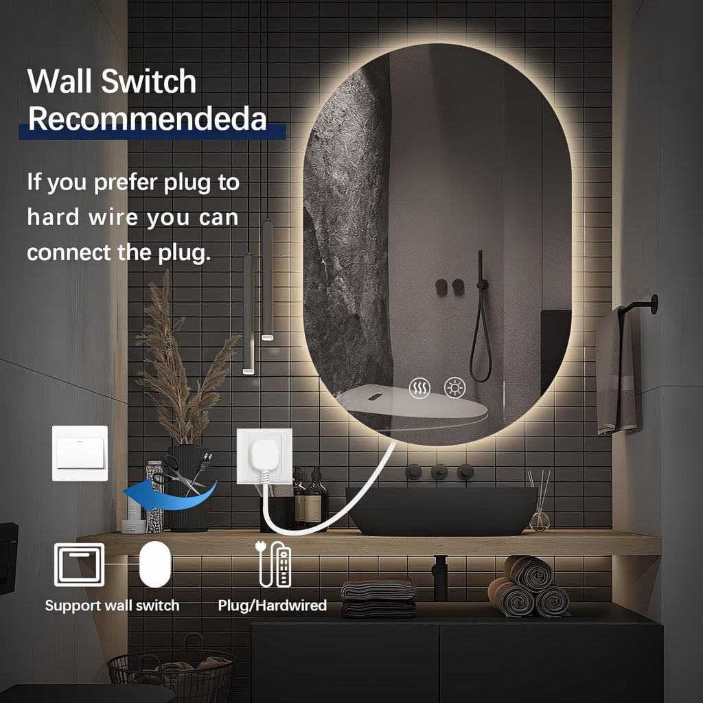 Niccy Oval LED Bathroom Vanity Mirror, 36x24inch Frameless Backlit Mirror with Light, Smart Anti-Fog Waterproof Mirror with Memory Function Dimmable Lighted Mirror
