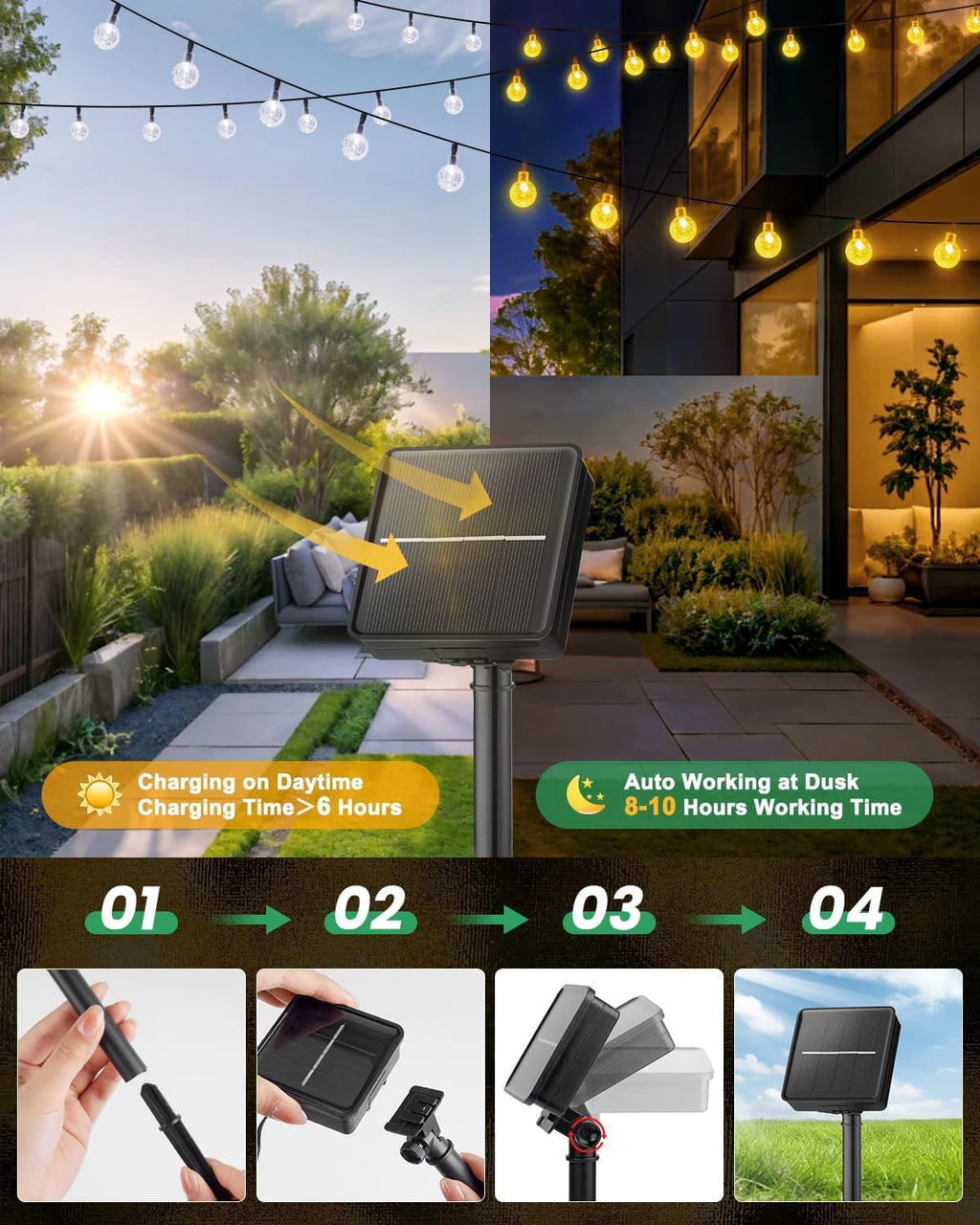 Solar String Lights Outdoor Waterproof, 2 Pack 60 LED 36.5 FT Each