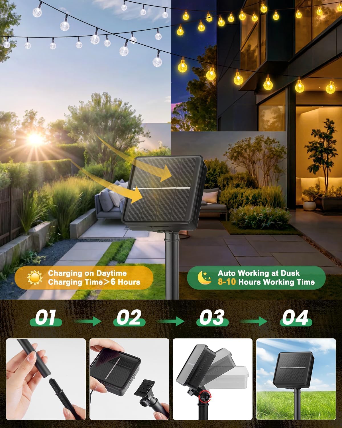 Solar String Lights Outdoor Waterproof, 2 Pack 60 LED 36.5 FT Each