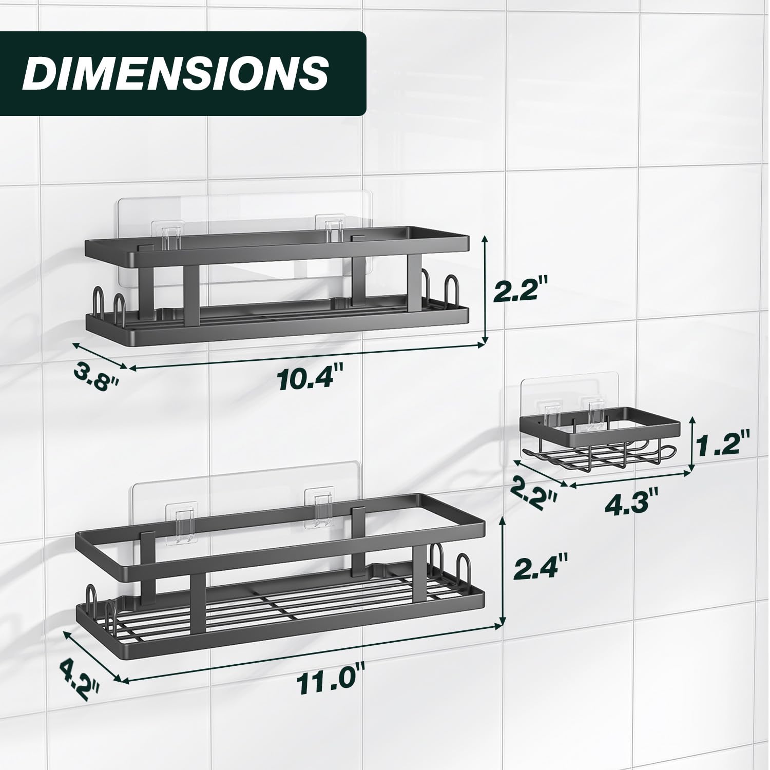 Peel & Stick Shower Shelves with Soap Holder and 12 Hooks,