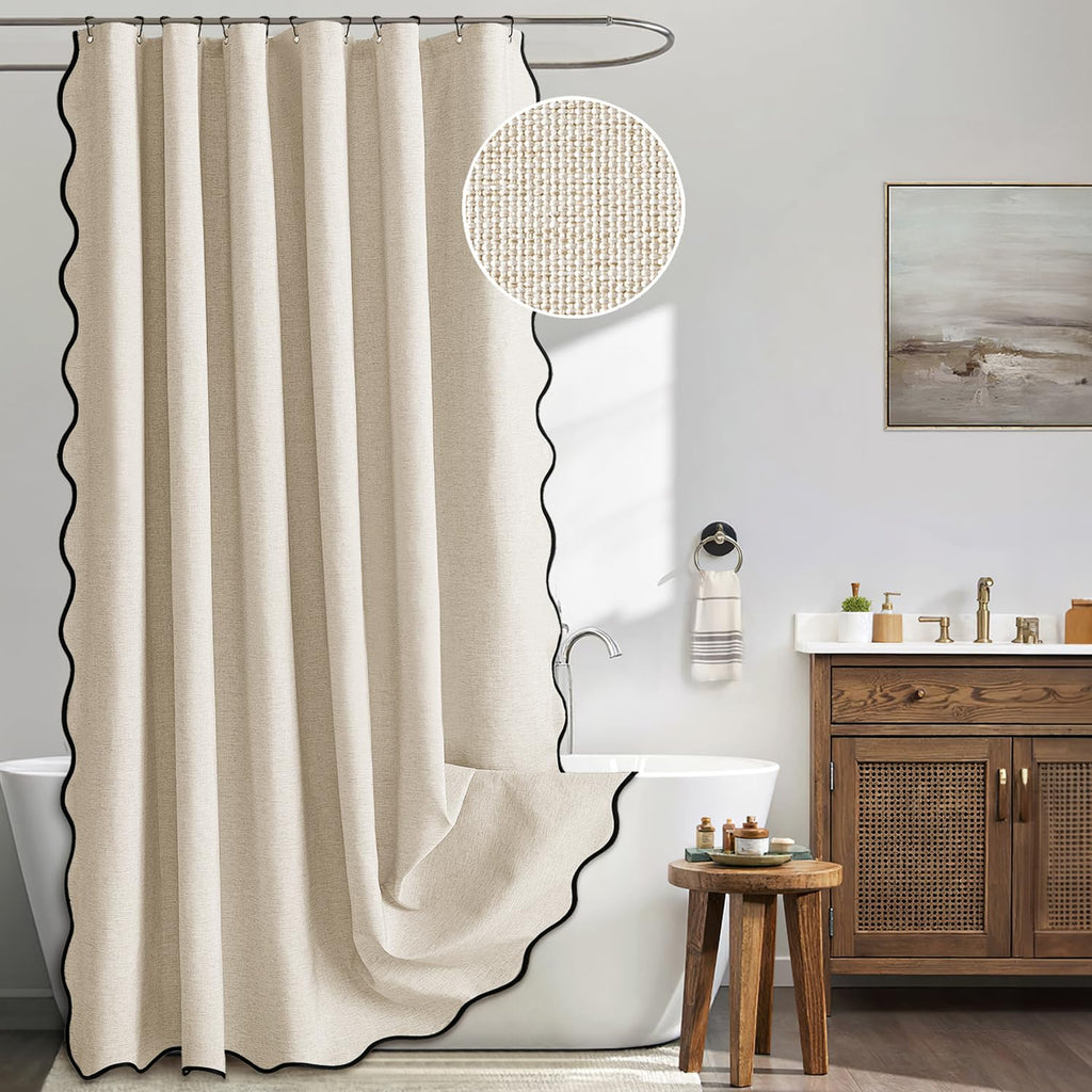 Scalloped Shower Curtain Linen Textured with 12 Metal Hooks