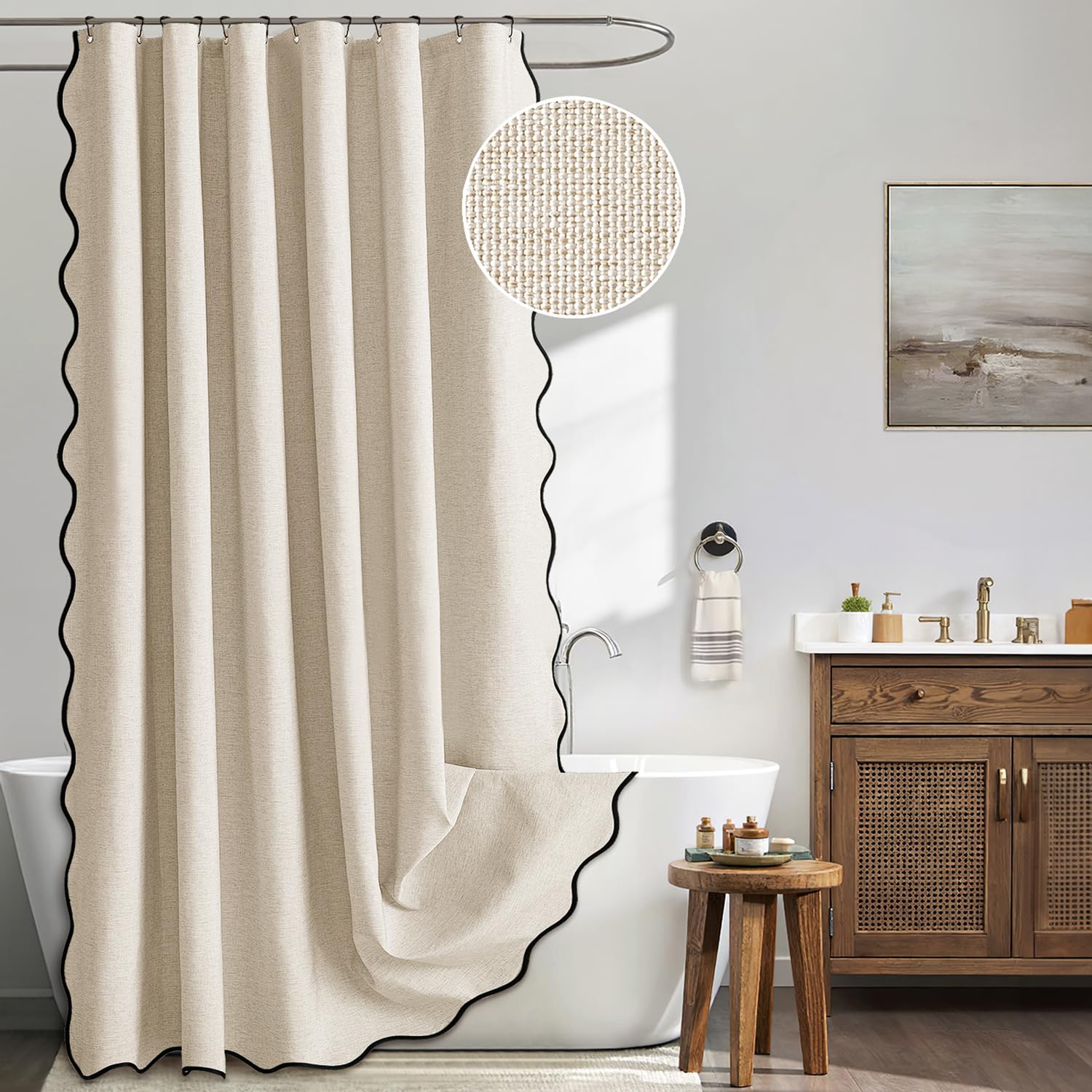 Scalloped Shower Curtain Linen Textured with 12 Metal Hooks