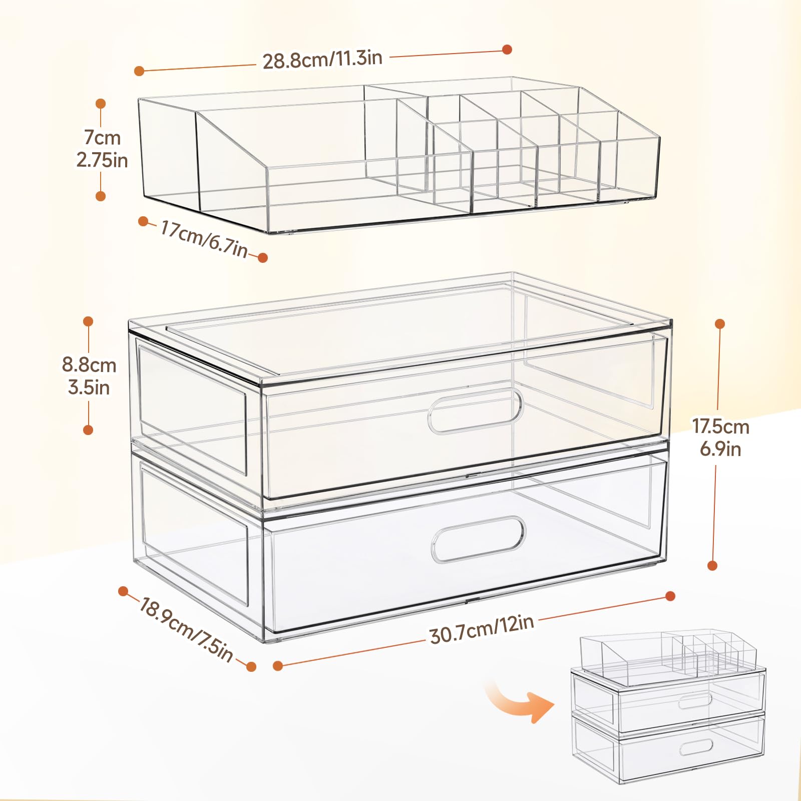 Clear Stackable Makeup Organizer with Drawer, 12''W Acrylic Storage Drawers