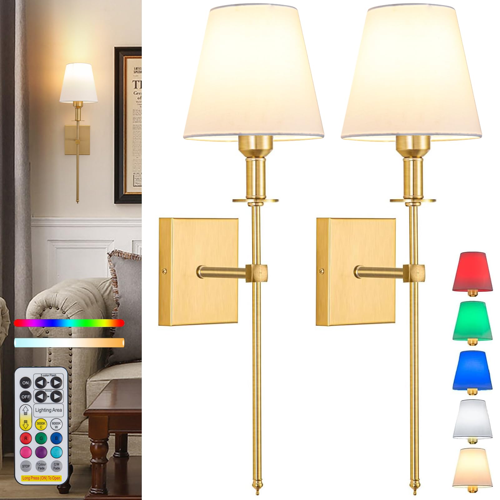 Battery Operated Wall Sconce Set Of 2,Rechargeable Wireless Wall Light With Remote 12 Colors Dimmable Bulbs