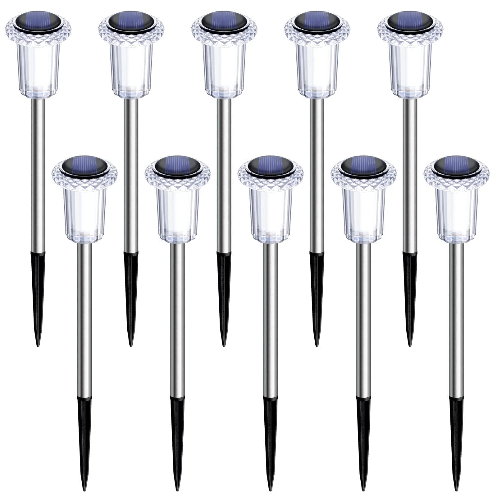 10 Pack Waterproof 6000K Cold White LED Stainless Steel Stake for Pathway Yard Garden Driveway Solar Powered Outside Decor