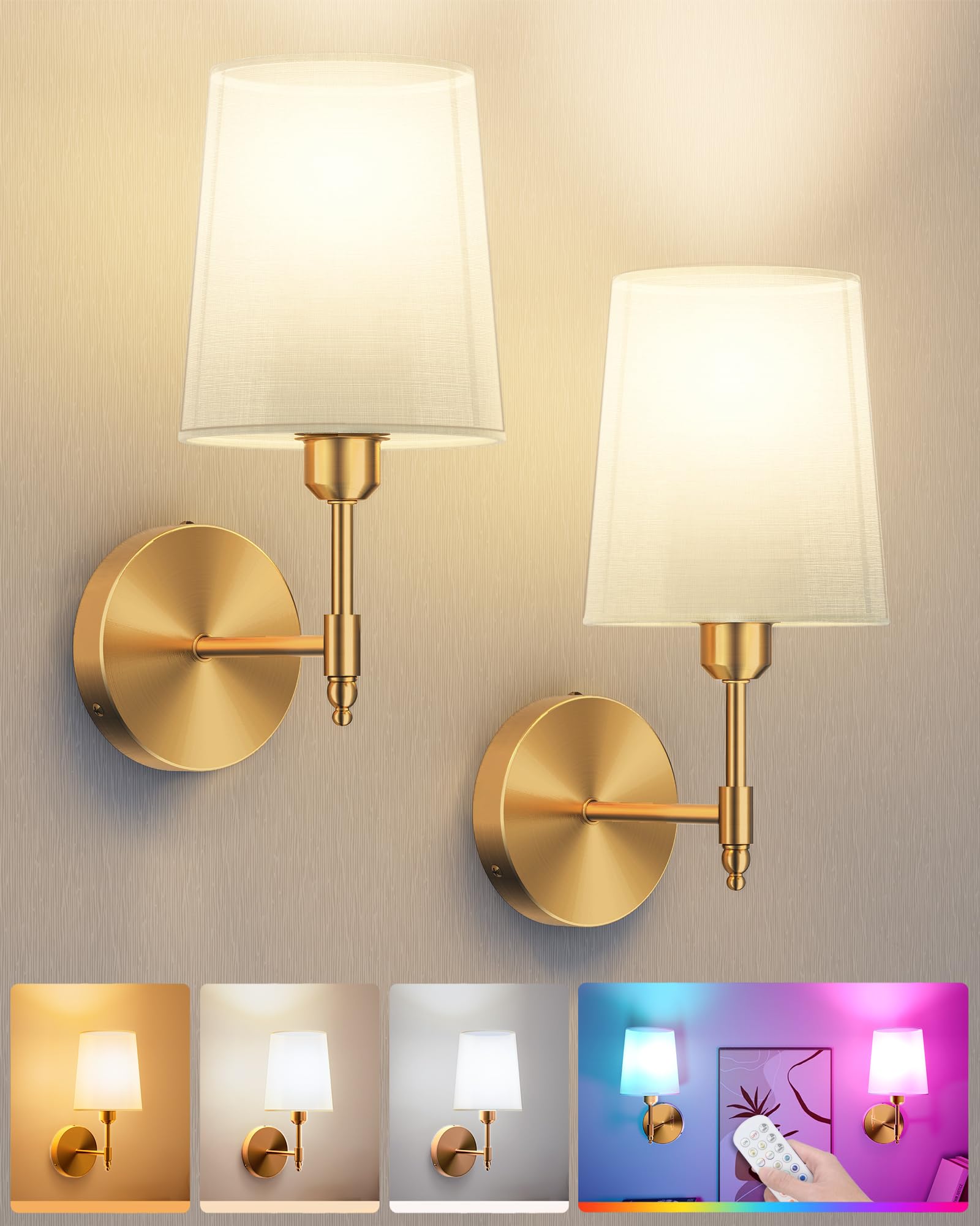 Battery Operated Wall Sconces Set of 2, Wireless Rechargeable Dimmable Wall Light with 5600mAh RGB Bulb and Remote for Bedroom, Living Room, Hallway (Gold)