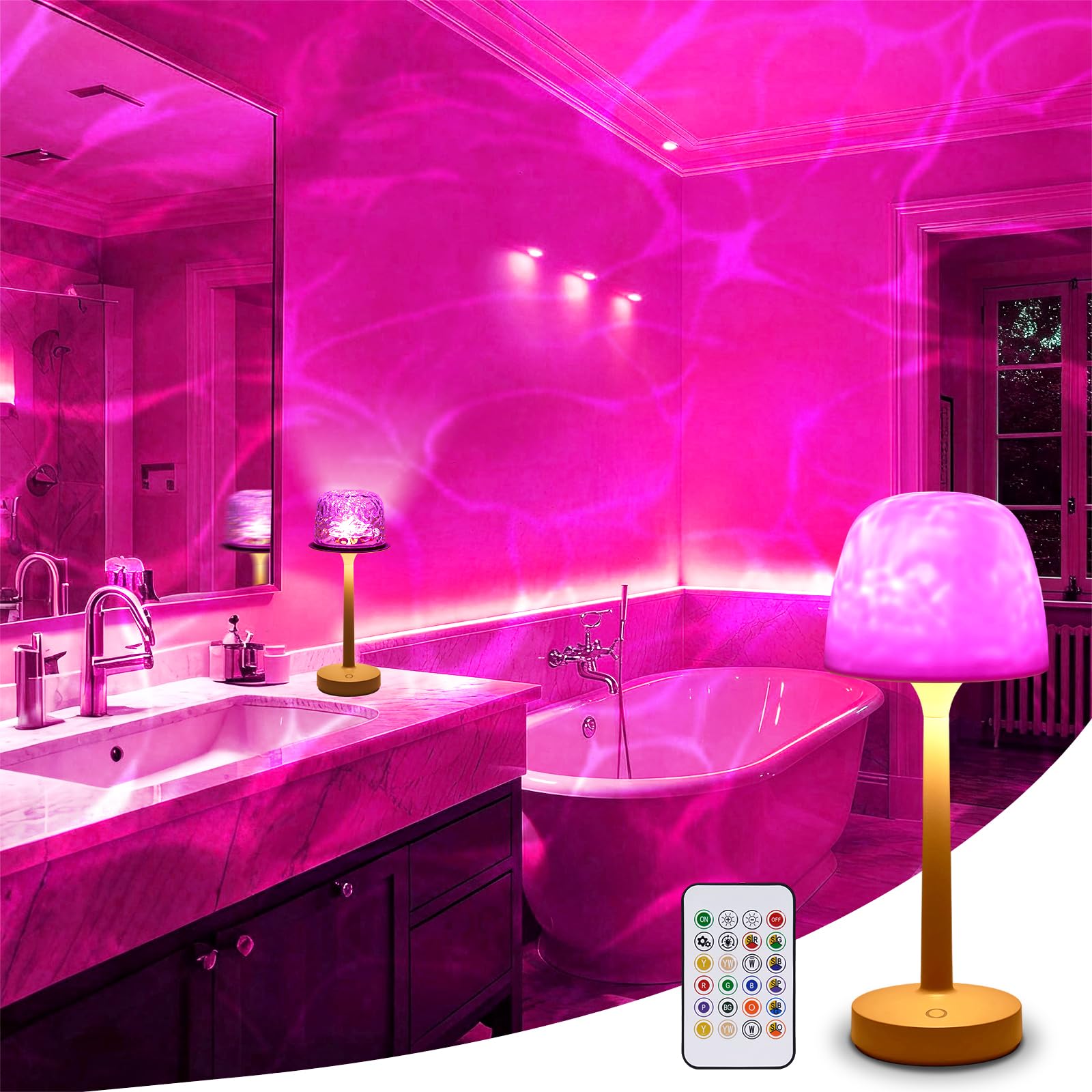 Lumoza Spa-Like Shower Lamp, Waterproof Bathroom Lamp, Rechargeable Shower Light with Touch & Remote Control, with 16 Color Ocean Wave Projector, Cordless Light for Inside Shower/Bathtub