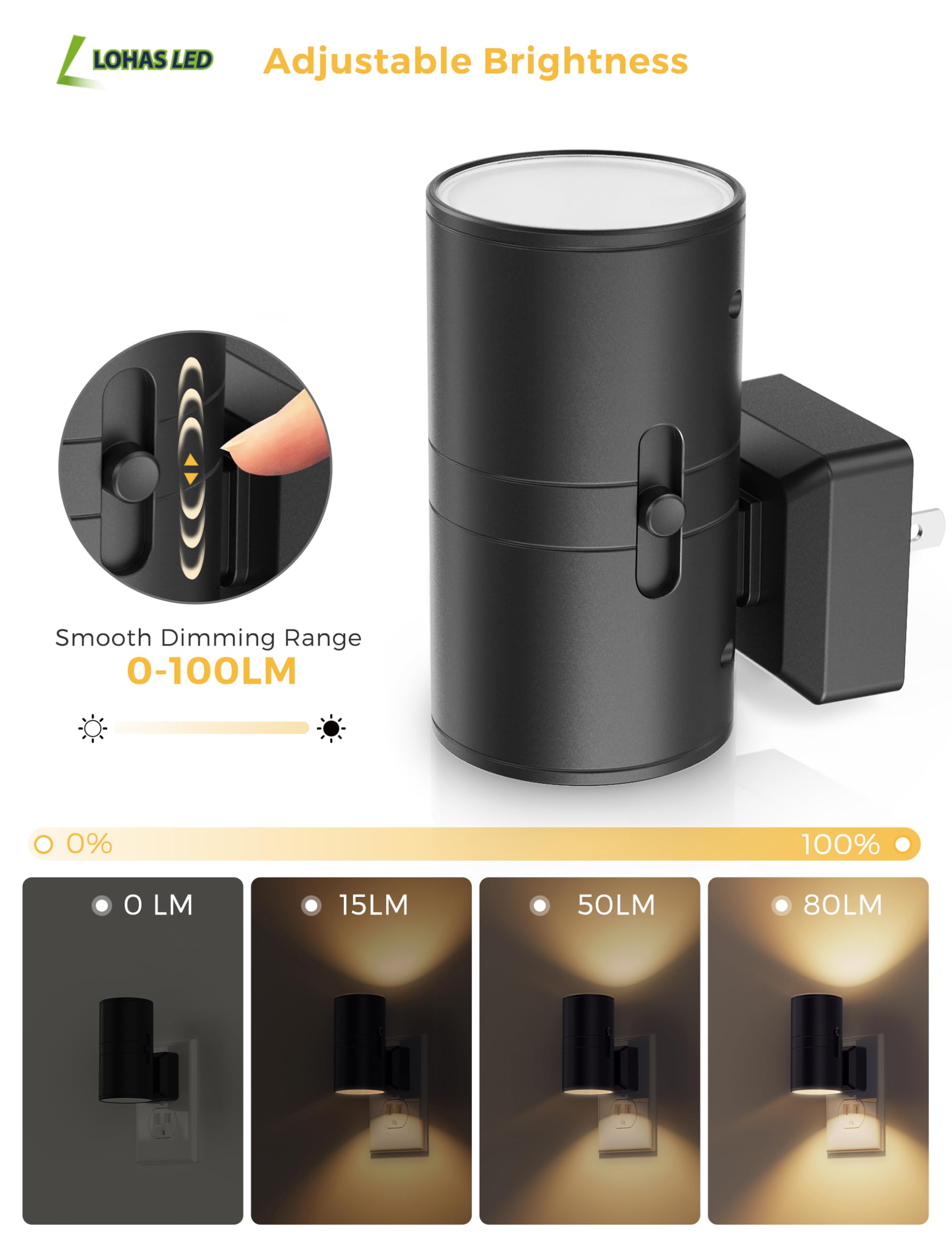 Modern Night Lights Plug into Wall, Dusk to Dawn Sensor, Soft White 3000K, 0-100LM Adjustable Brightness, Dimmable Night Lights for Hallway Bedroom Stairway, 2 Pack