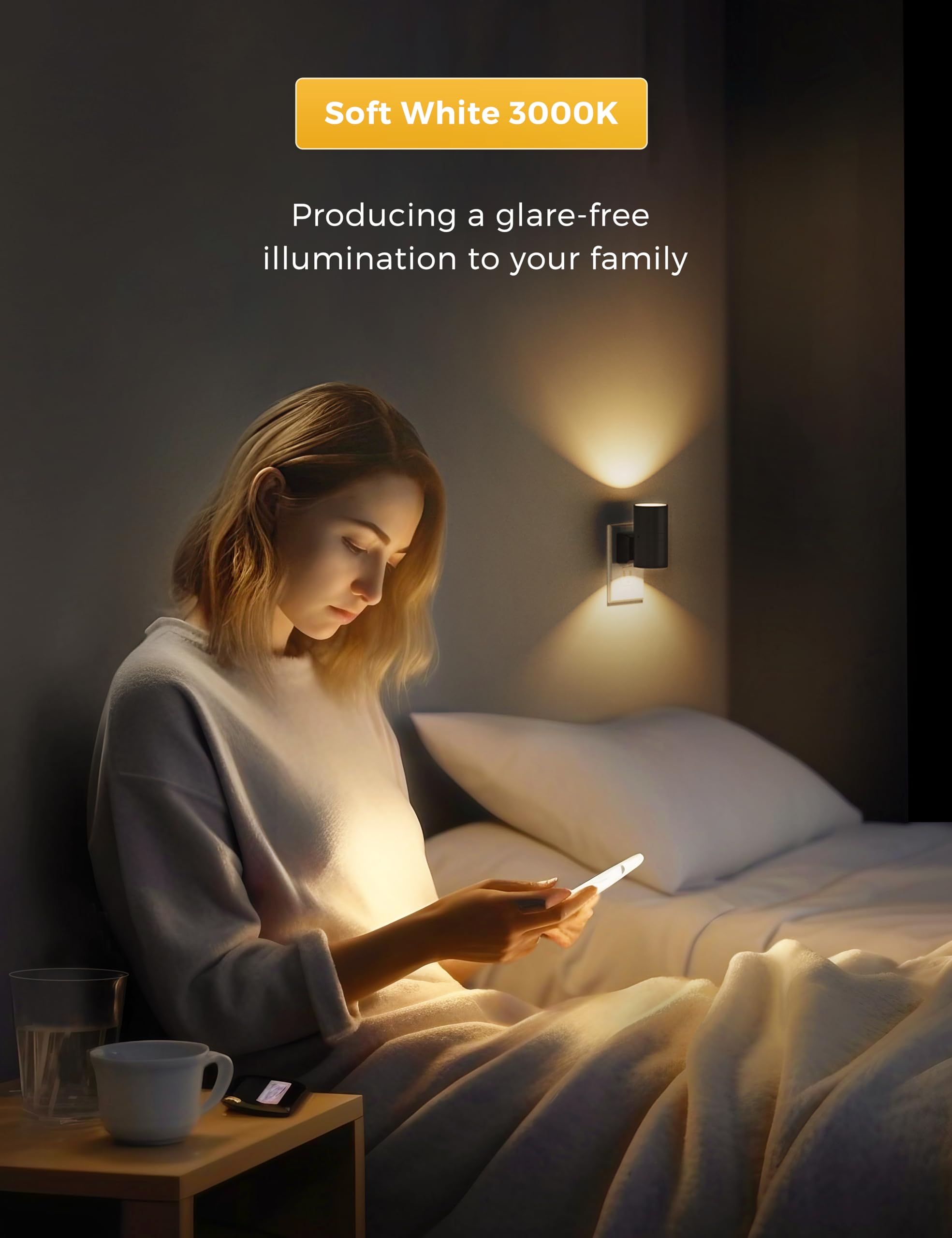 Modern Night Lights Plug into Wall, Dusk to Dawn Sensor, Soft White 3000K, 0-100LM Adjustable Brightness, Dimmable Night Lights for Hallway Bedroom Stairway, 2 Pack