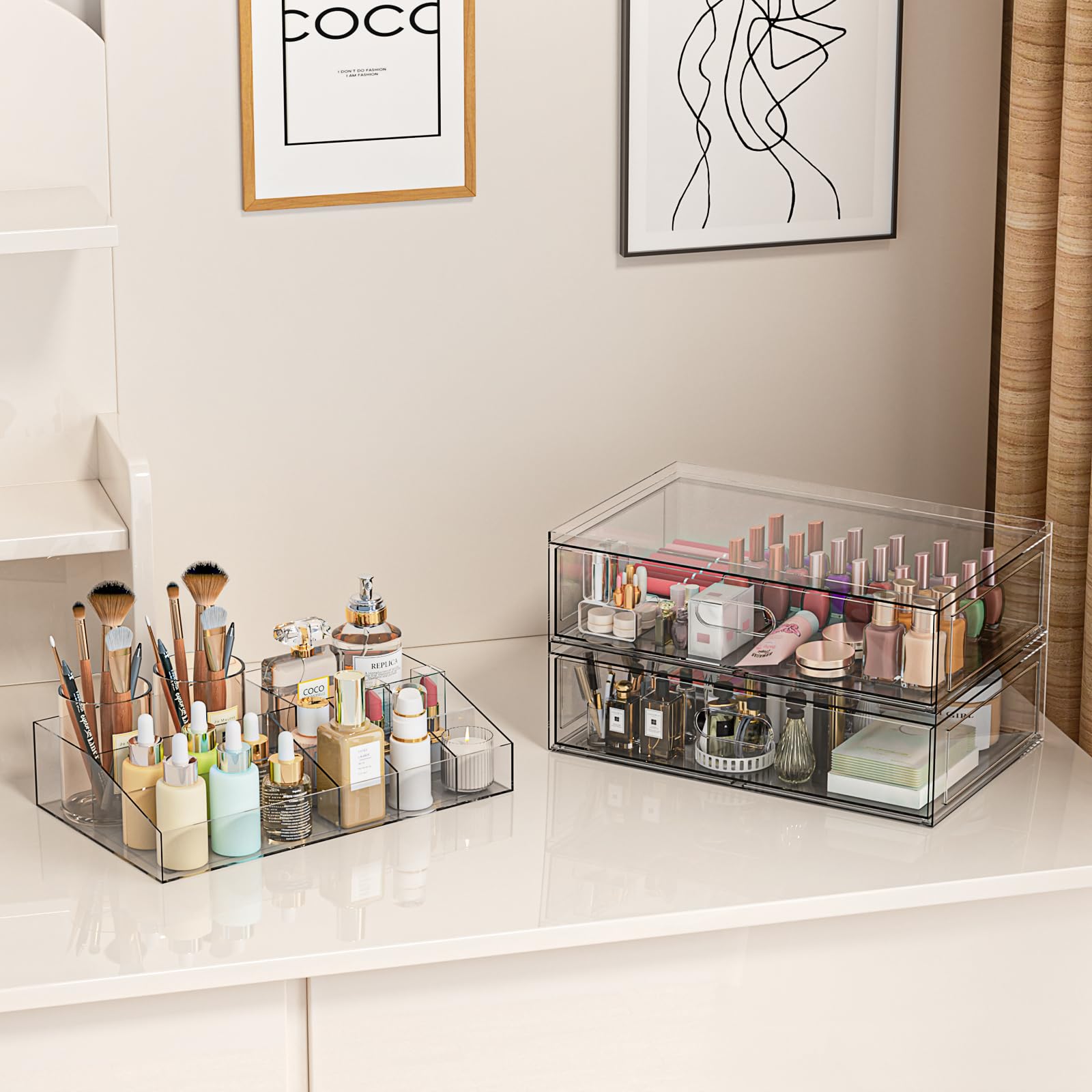 Clear Stackable Makeup Organizer with Drawer, 12''W Acrylic Storage Drawers