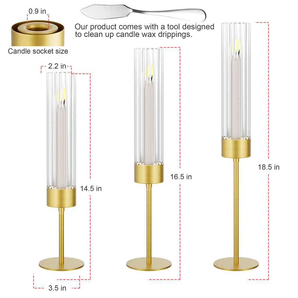 Fluted design Glass Candle Holders Set of 3, Premium Tall Gold Candle Stick Holder