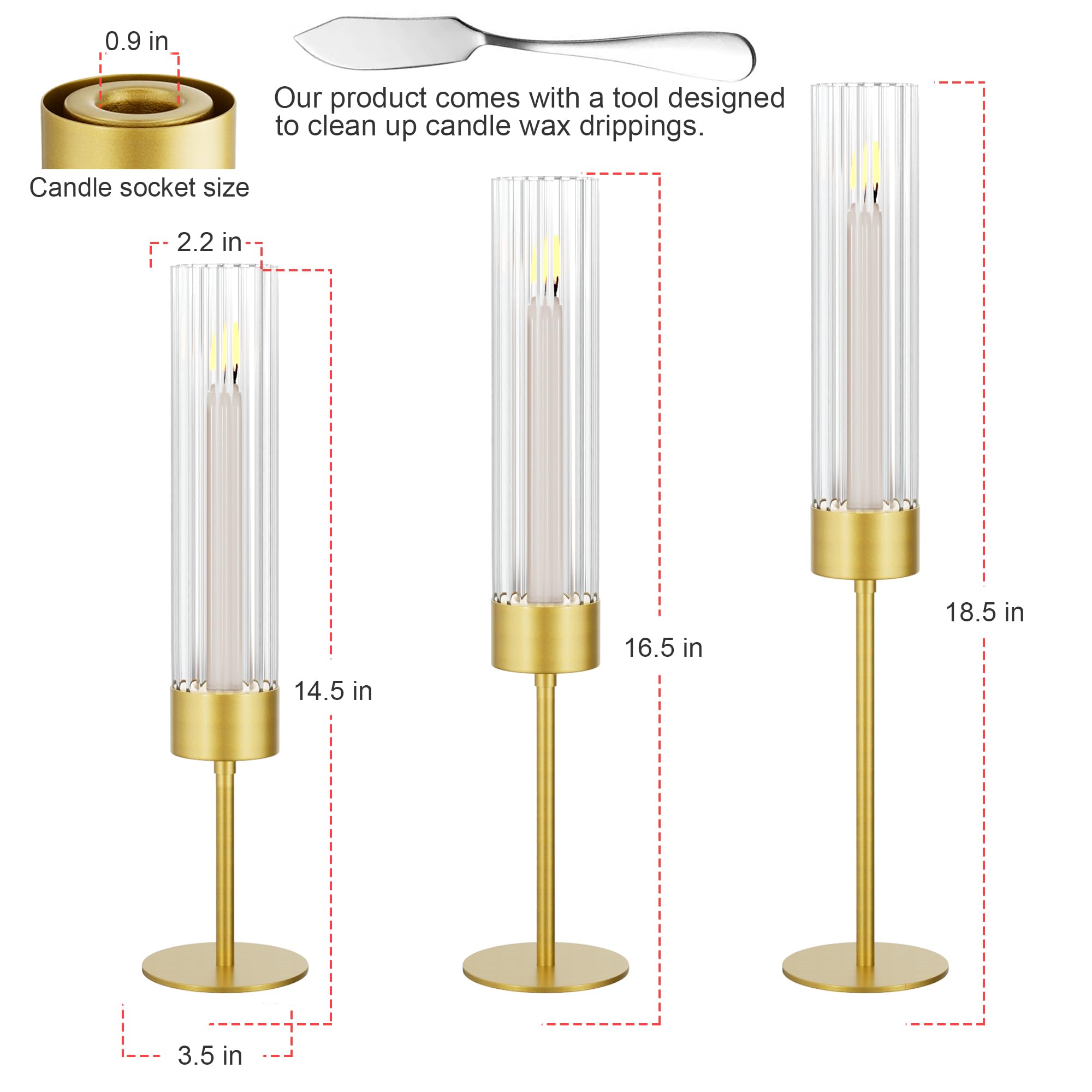 Fluted design Glass Candle Holders Set of 3, Premium Tall Gold Candle Stick Holder