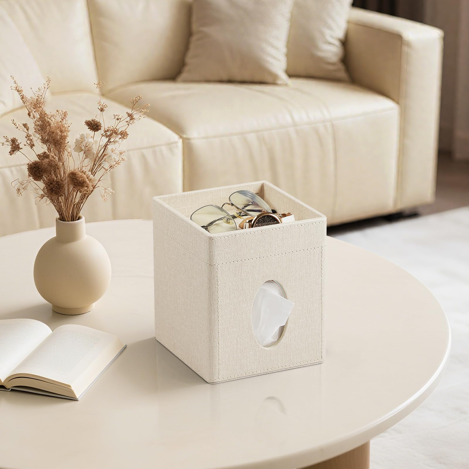 PU Leather Square Tissue Box Holder with Storage Tray for Bathroom