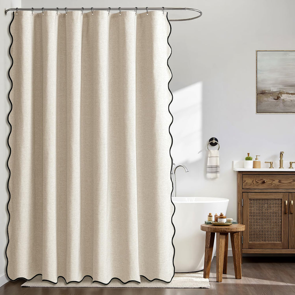 Scalloped Shower Curtain Linen Textured with 12 Metal Hooks