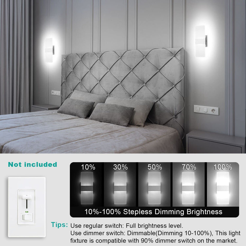 Dimmable Wall Sconces Set of 2 Wall Mounted Lights 12W 6000K Cool