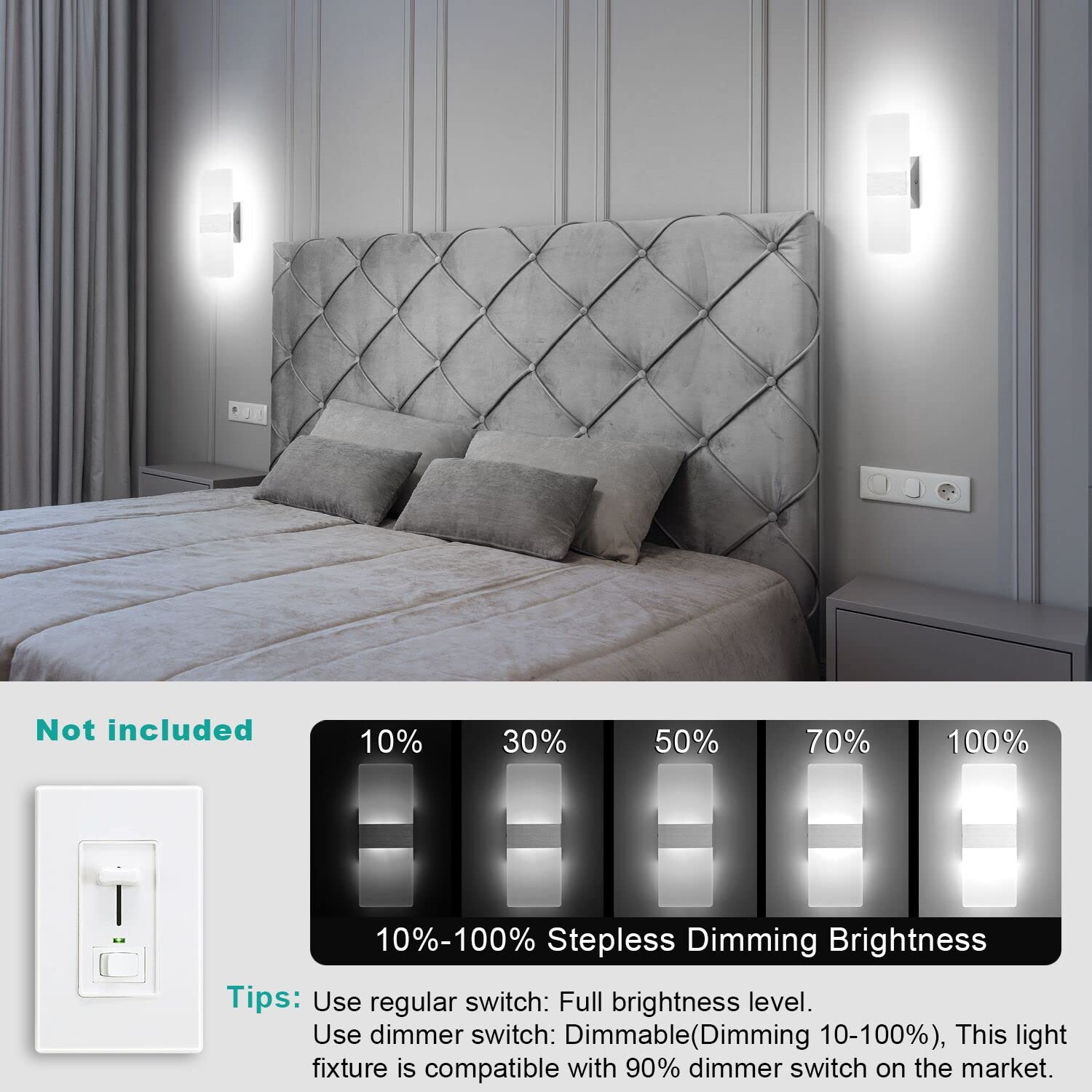 Dimmable Wall Sconces Set of 2 Wall Mounted Lights 12W 6000K Cool
