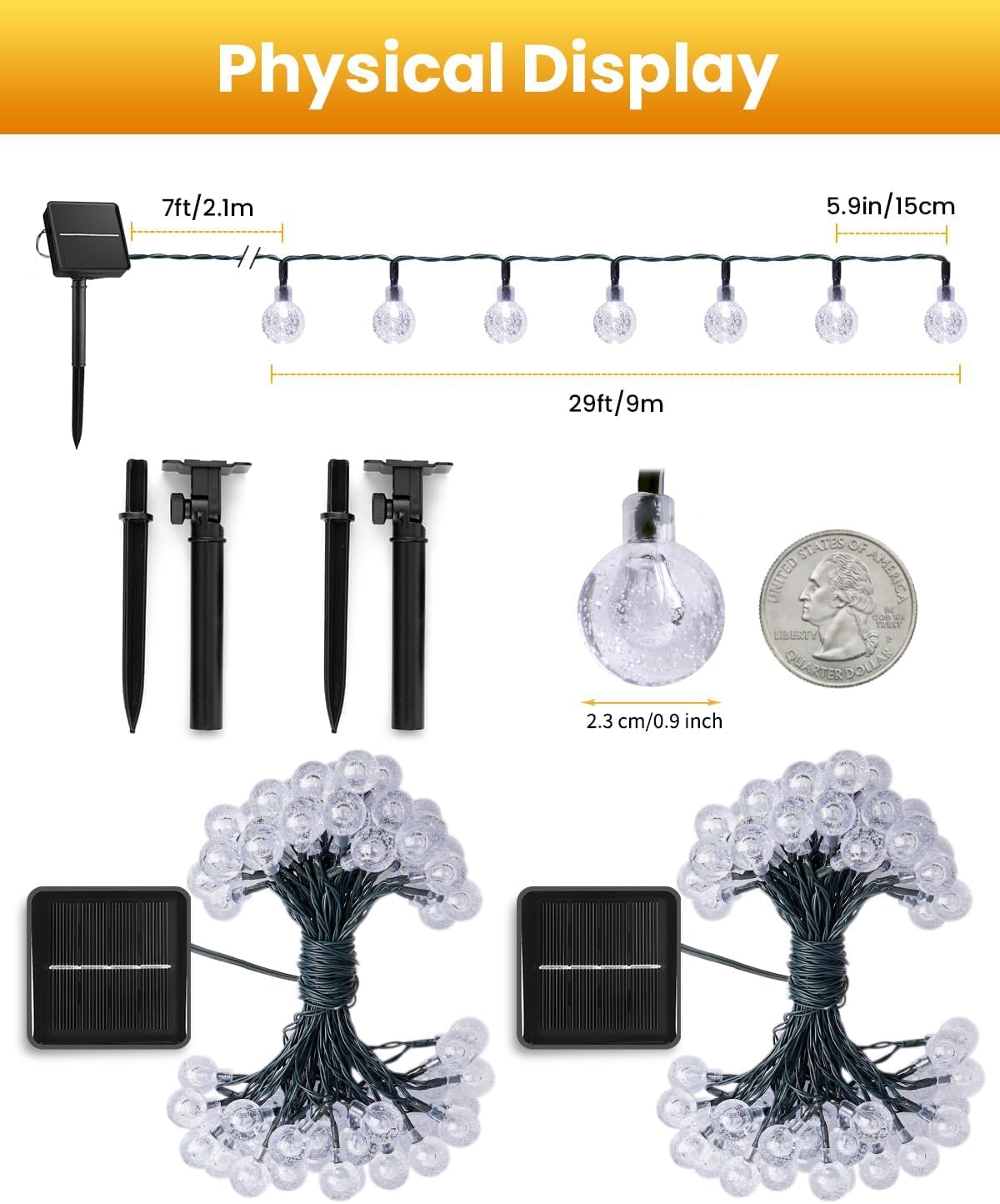 Solar String Lights Outdoor Waterproof, 2 Pack 60 LED 36.5 FT Each