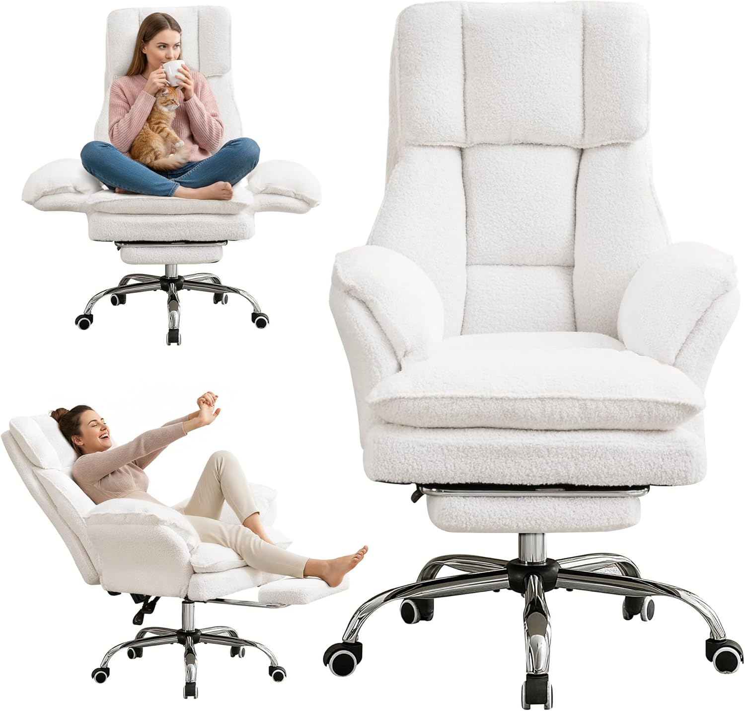 Ergonomic Cloud Cross Legged Office Chair with Footrest,Teddy Fleece
