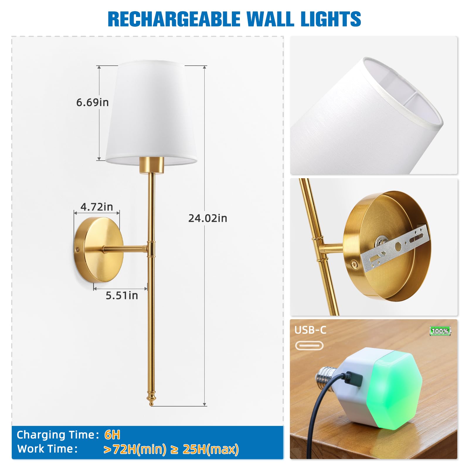 2,Gold Rechargeable Wall Lights with 5200mAh Dimmable Bulbs and Remote,10 Colors