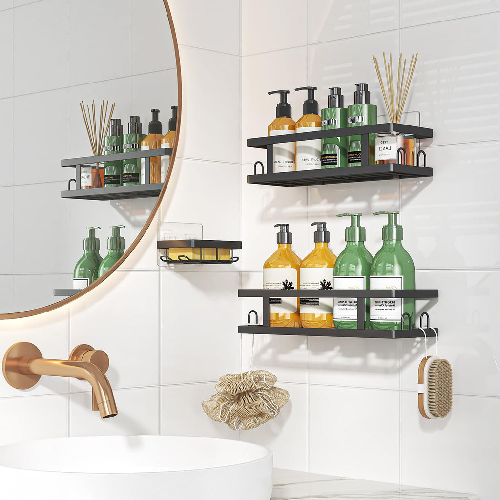 Peel & Stick Shower Shelves with Soap Holder and 12 Hooks,