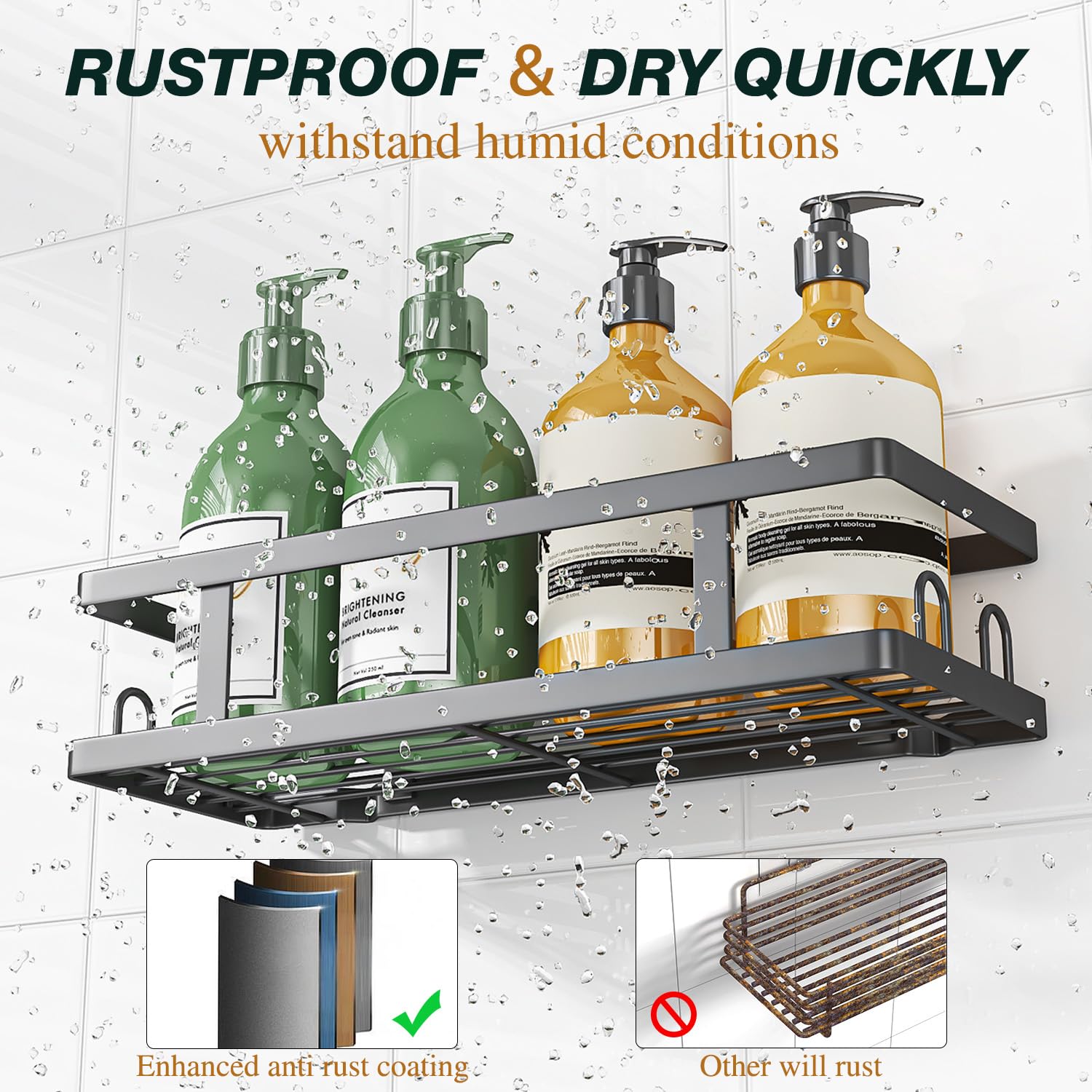 Peel & Stick Shower Shelves with Soap Holder and 12 Hooks,