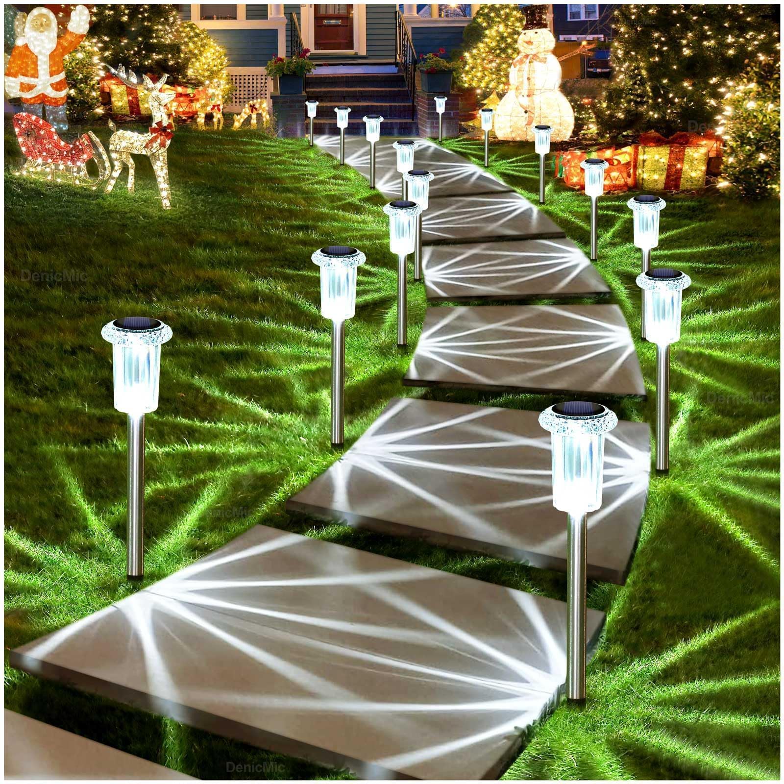 10 Pack Waterproof 6000K Cold White LED Stainless Steel Stake for Pathway Yard Garden Driveway Solar Powered Outside Decor