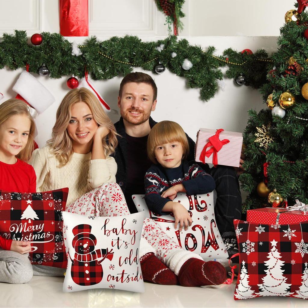 4Pcs Red Christmas Pillow Covers, 18 x 18 Inch Winter Holidays Christmas Cushion Cover Decoration for Sofa