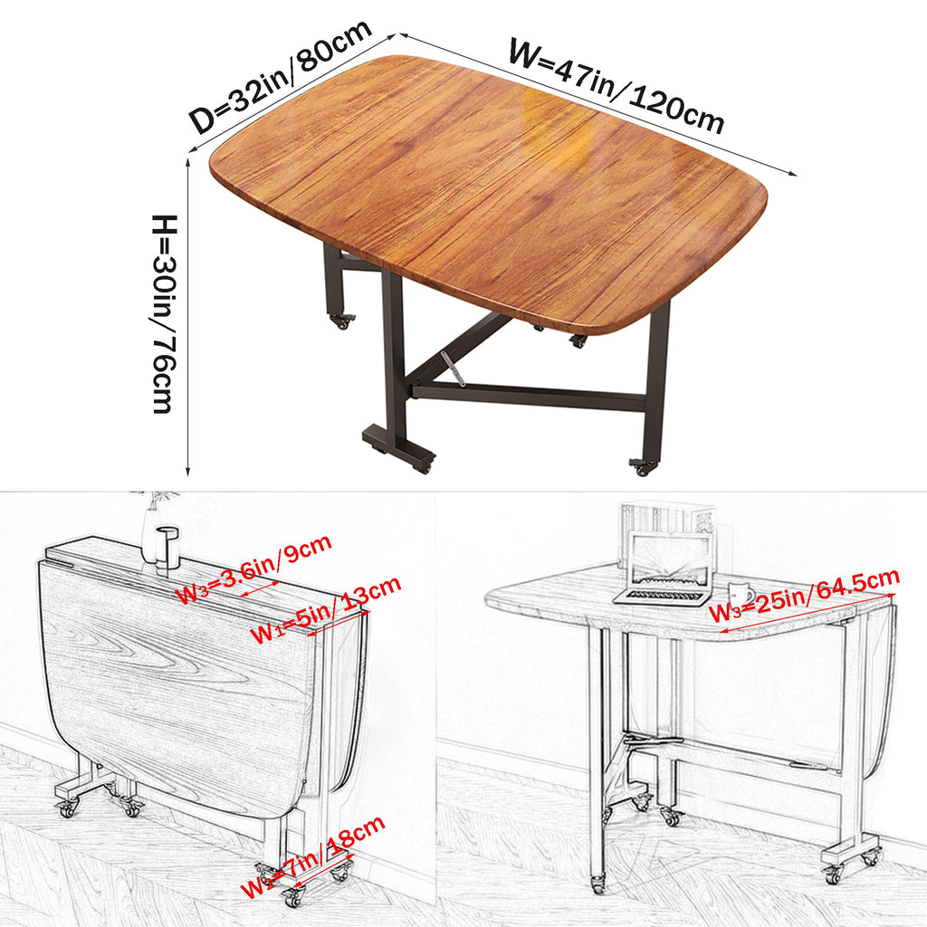 47" Wooden Foldable Kitchen Table with 6 Wheels