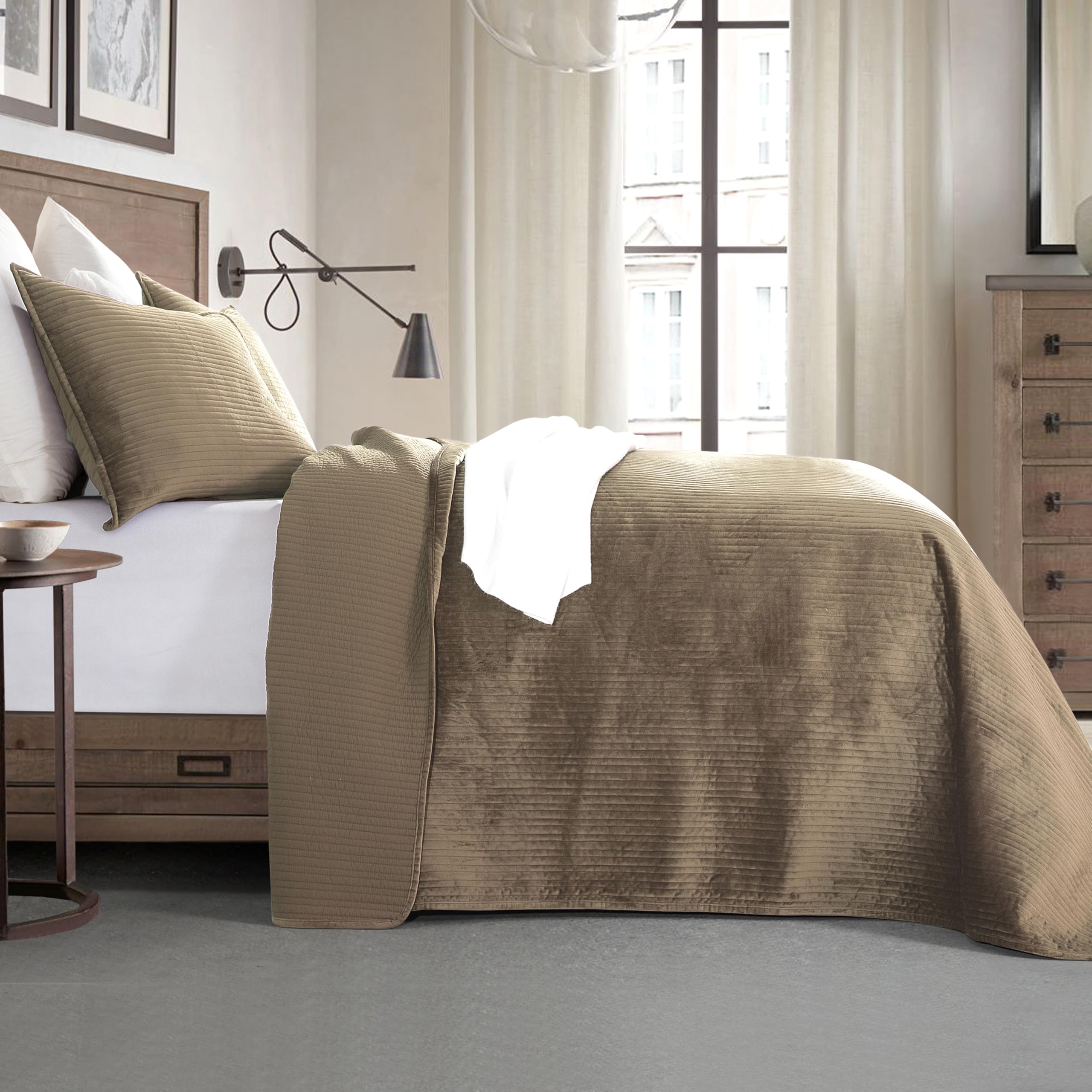 Elegant Comfort Luxury 3-Piece Velvet Corduroy Stripe Quilt Set, Ultra Soft Bedspread - Cozy Velvet Coverlet Set - 3PC Medium Weight Quilted Set with Matching Pillow Shams, Queen, Khaki