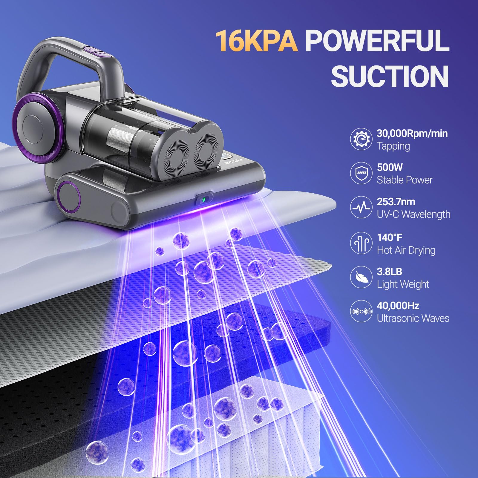 Mattress Vacuum Cleaner, 16Kpa Bed Vacuum Cleaner with 253.7nm UV-C Light, 140°F Heat