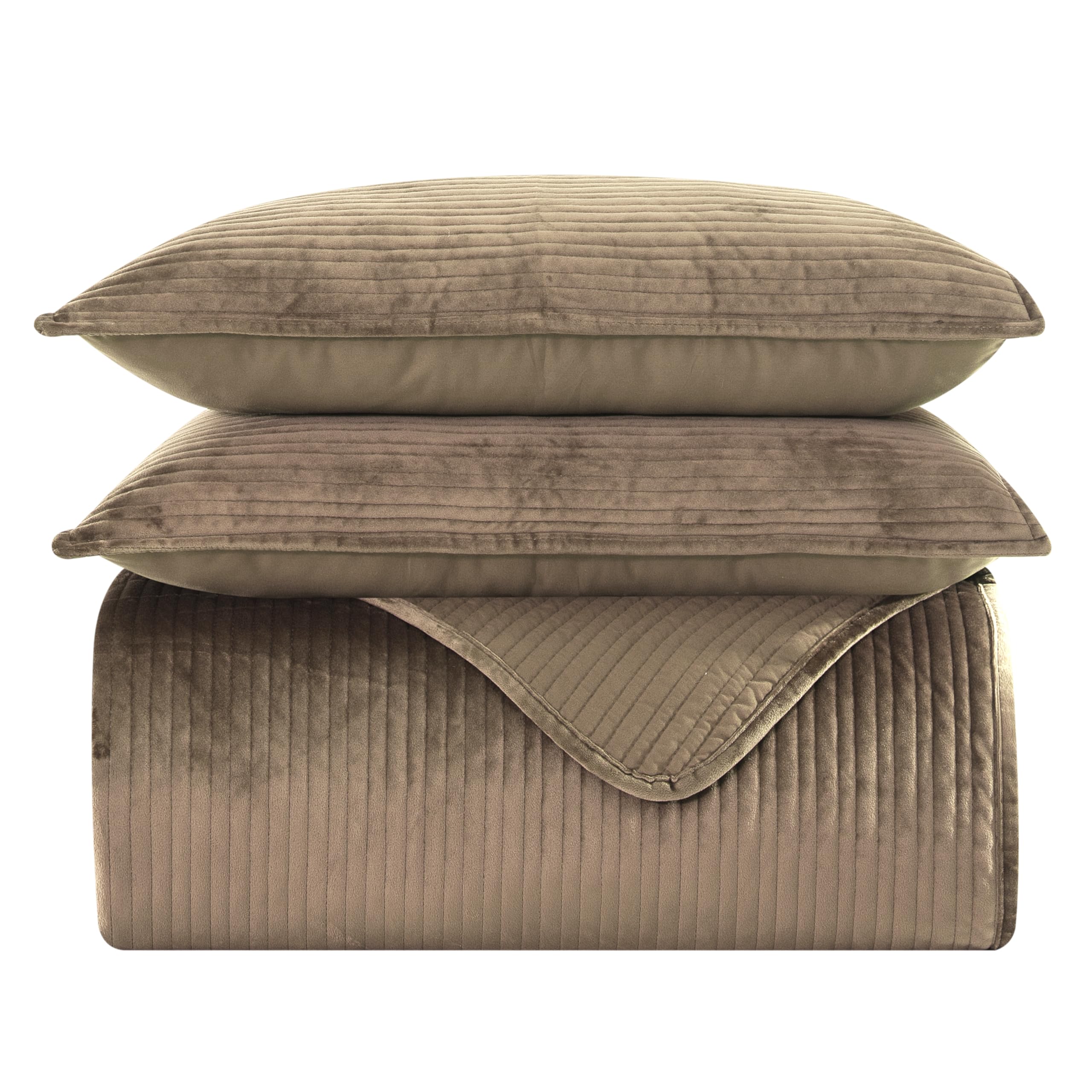 Elegant Comfort Luxury 3-Piece Velvet Corduroy Stripe Quilt Set, Ultra Soft Bedspread - Cozy Velvet Coverlet Set - 3PC Medium Weight Quilted Set with Matching Pillow Shams, Queen, Khaki