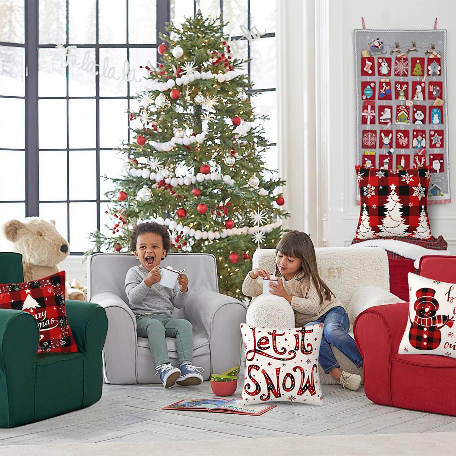 4Pcs Red Christmas Pillow Covers, 18 x 18 Inch Winter Holidays Christmas Cushion Cover Decoration for Sofa